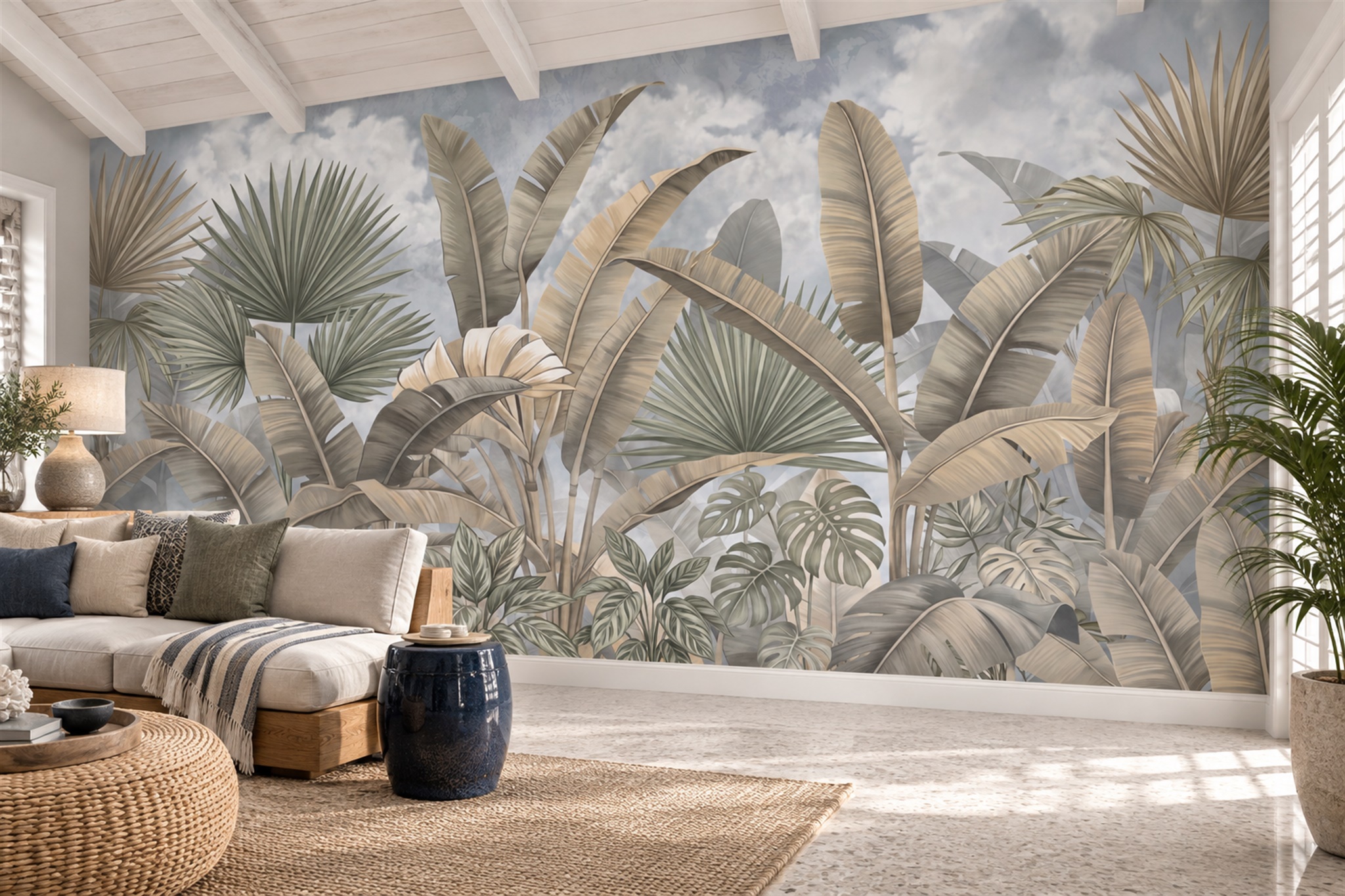 Soft Neutral Tropical Palm And Banana Leaves Wallpaper Mural — Wallpaper Mural Design, Peel-and-stick Finish