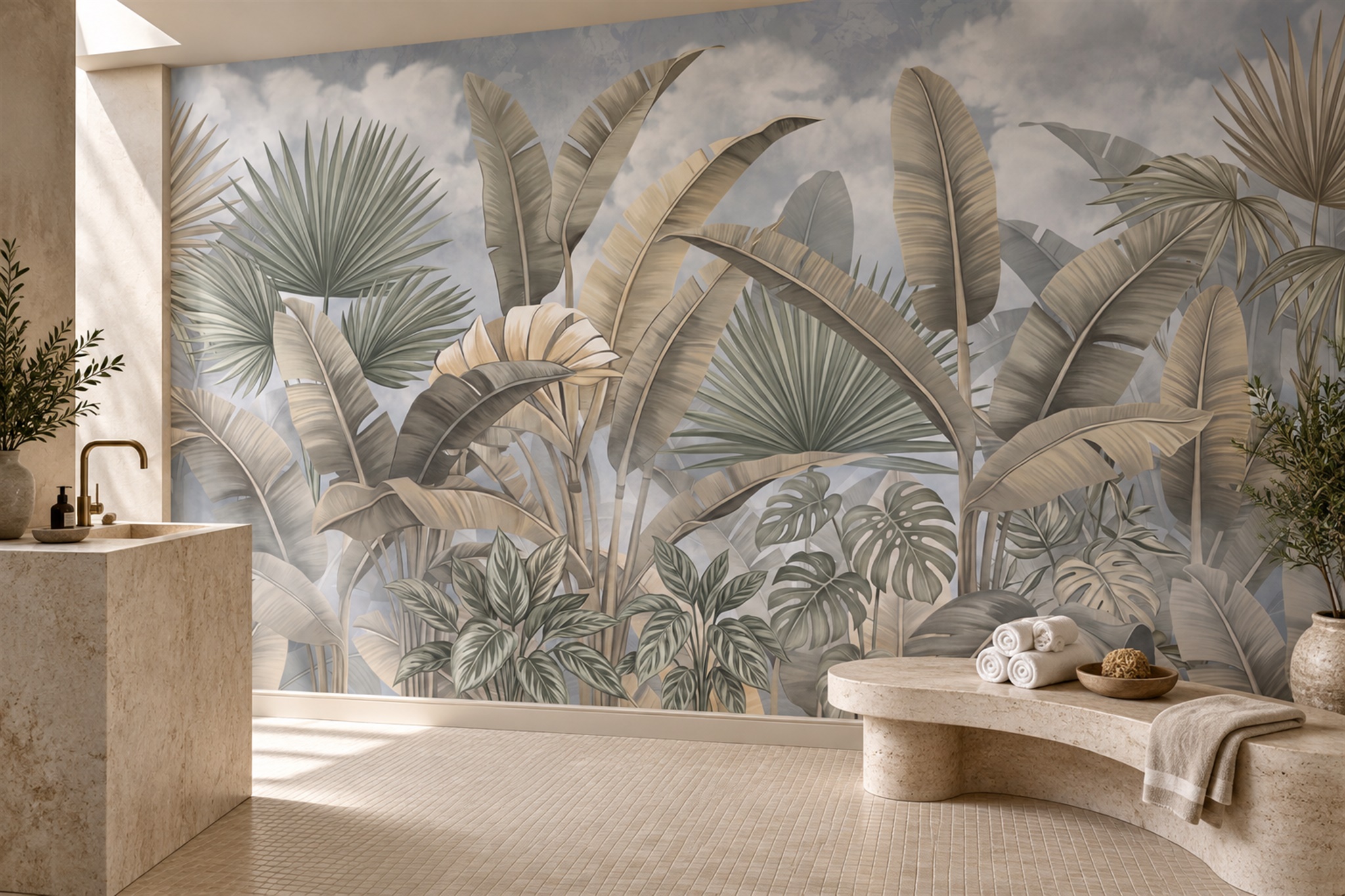 Beige Leaf Botanical Layered Wallpaper Mural Bathroom-wallpaper-murals, Peel-and-stick Finish