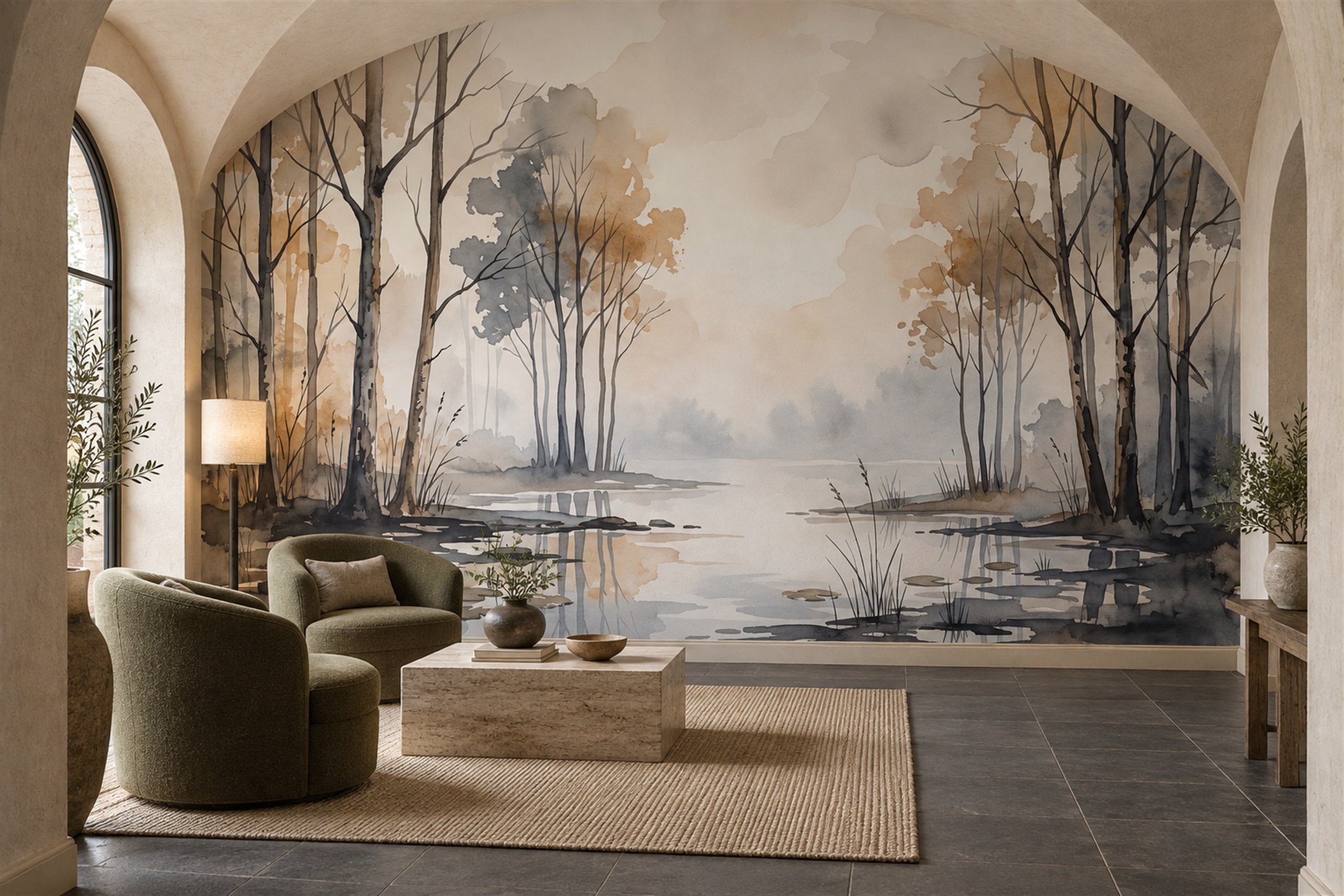 Grey River Scenic Layered Wallpaper Mural Living-room-wallpaper-murals, Peel-and-stick Finish