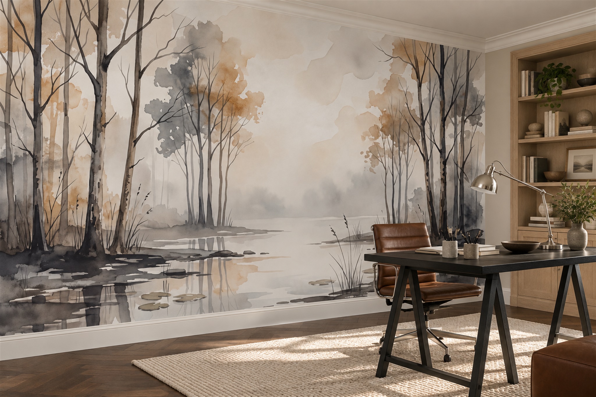Grey River Scenic Layered Wallpaper Mural Home-office-wallpaper-murals, Peel-and-stick Finish