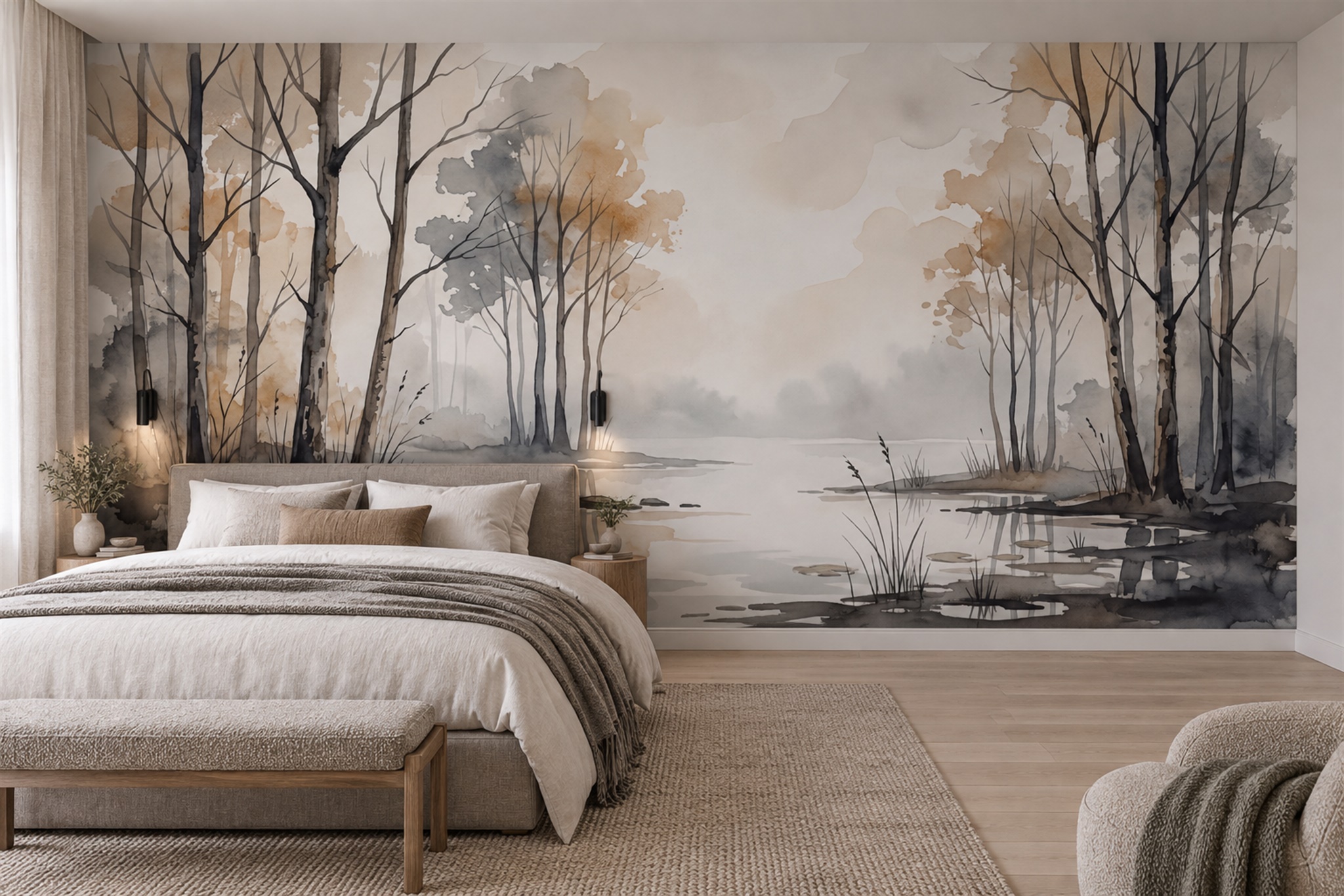 Grey River Scenic Layered Wallpaper Mural Living-room-wallpaper-murals, Peel-and-stick Finish
