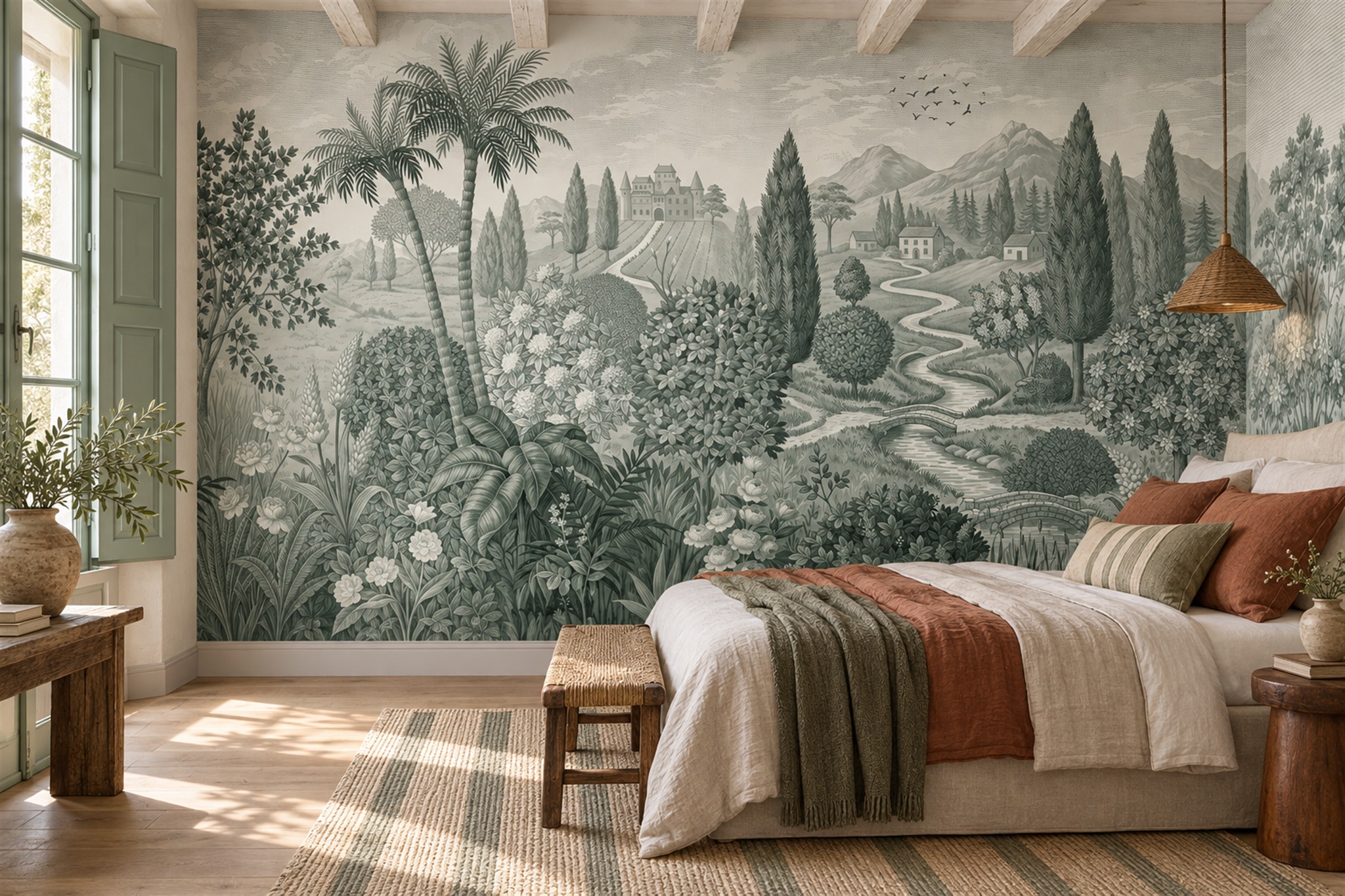 Sage Garden Scenic Painterly Wallpaper Mural Bedroom-wallpaper-murals, Peel-and-stick Finish