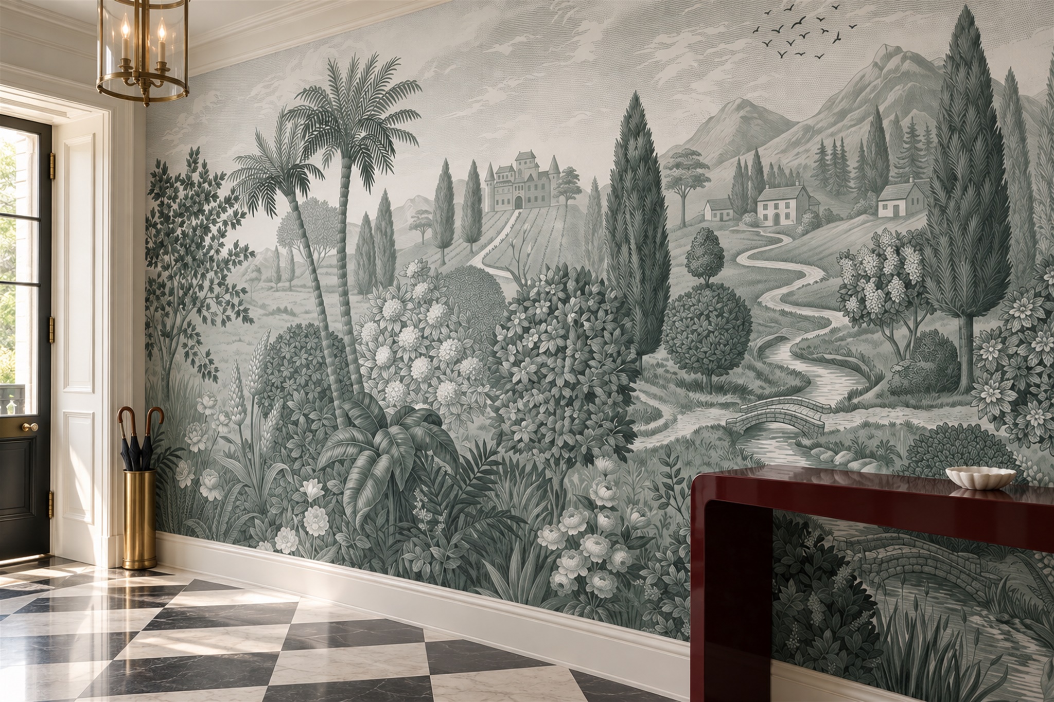 Sage Garden Scenic Painterly Wallpaper Mural Entryway-wallpaper-murals, Peel-and-stick Finish