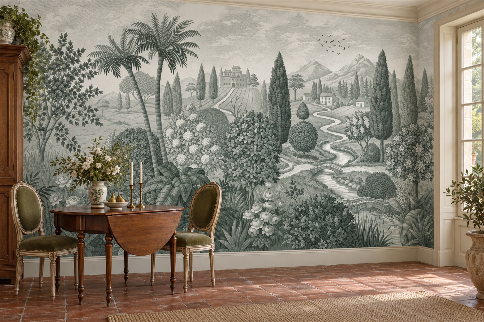 Monochrome Villa Garden With Cypress Trees Wallpaper Mural — Wallpaper Mural Design, Peel-and-stick Finish