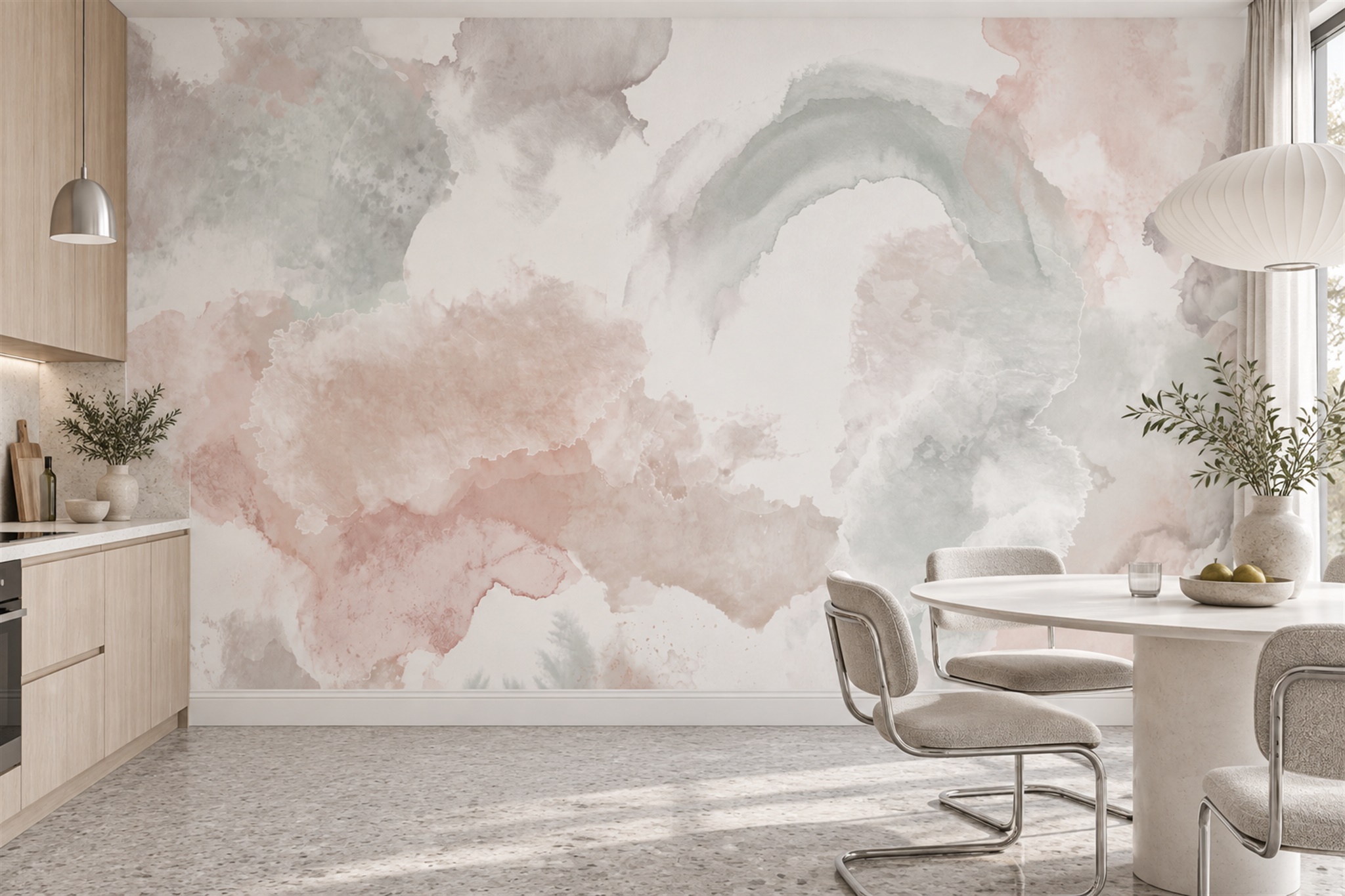 Blush Washed Artful Wallpaper Mural Accent-wall-wallpaper-murals, Peel-and-stick Finish