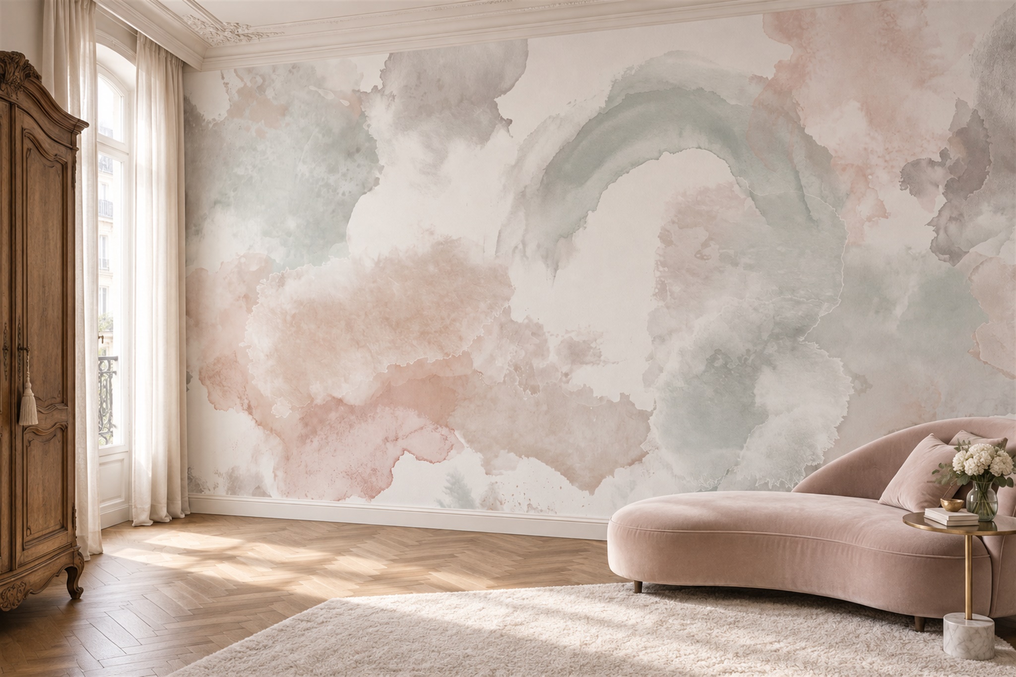 Blush Washed Artful Wallpaper Mural Accent-wall-wallpaper-murals, Peel-and-stick Finish
