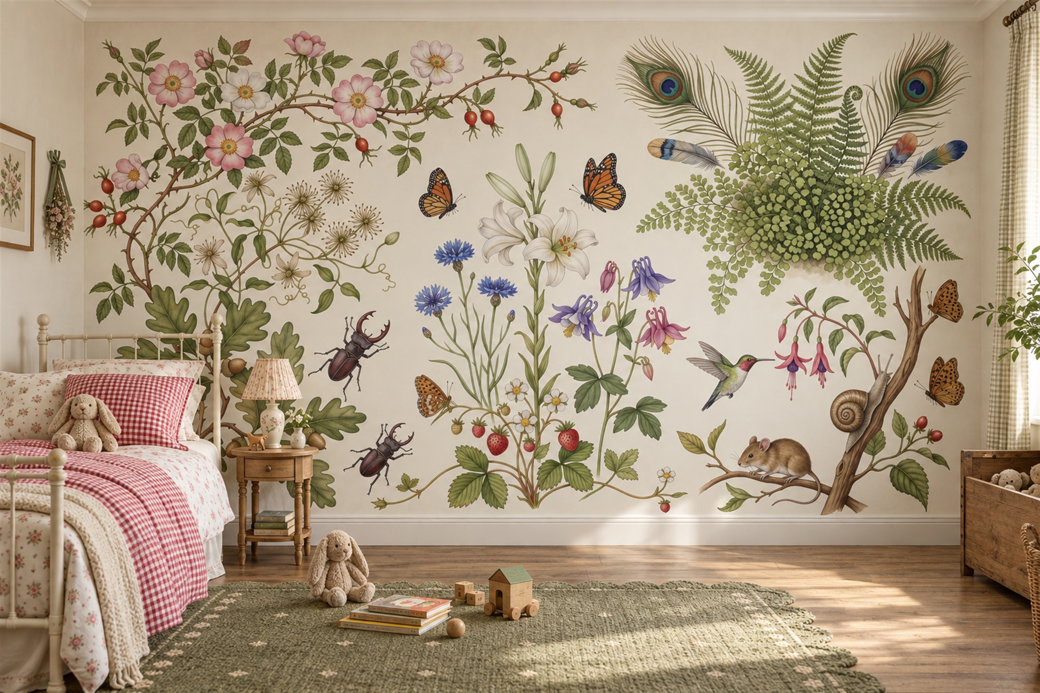 Botanical And Wildlife Study With Birds And Butterflies Wallpaper Mural — Installed Wallpaper Mural In A Bedroom, Peel-and-stick Finish