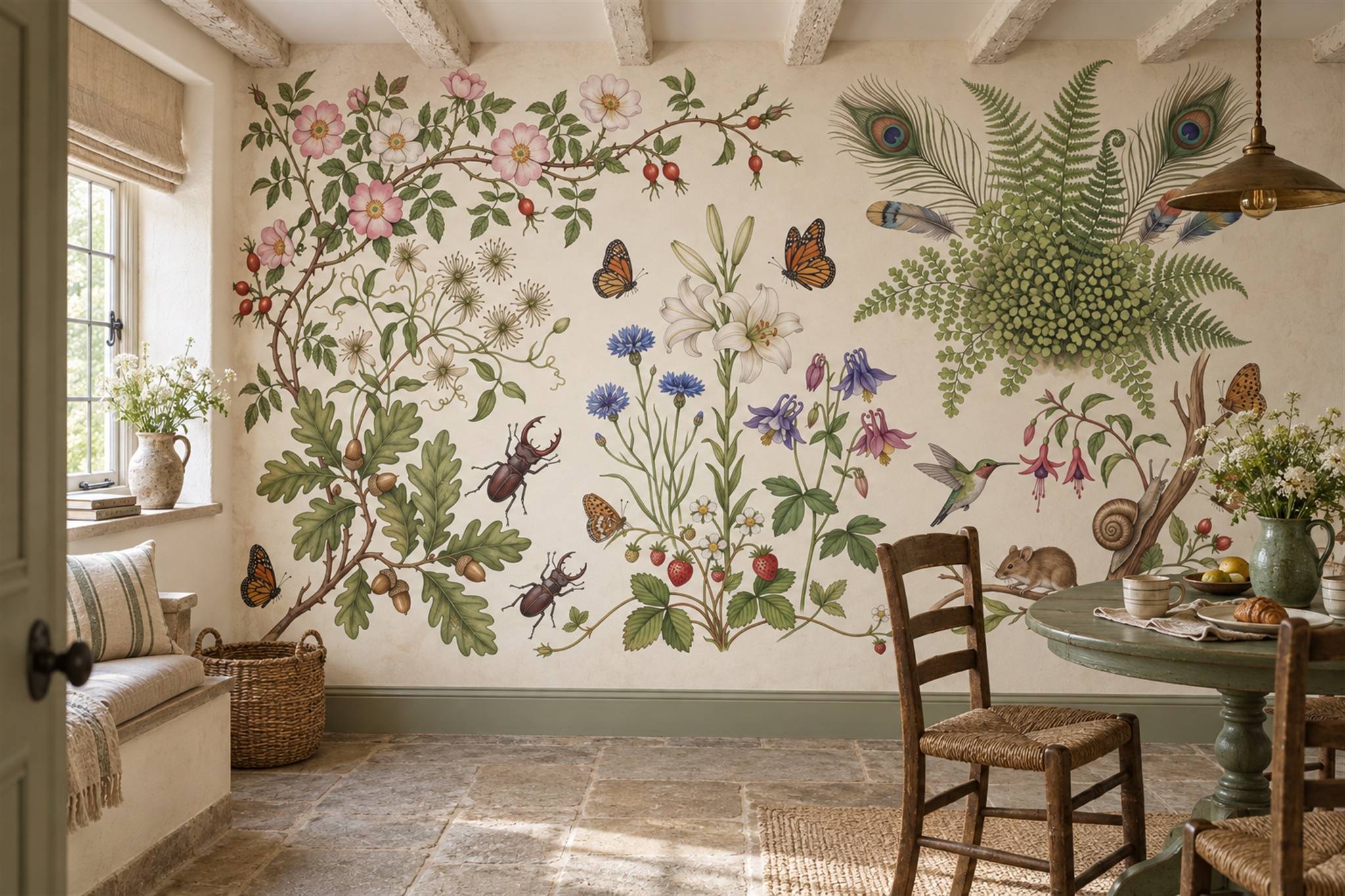 Green Botanical Botanical Abstract Wallpaper Mural Dining-room-wallpaper-murals, Peel-and-stick Finish