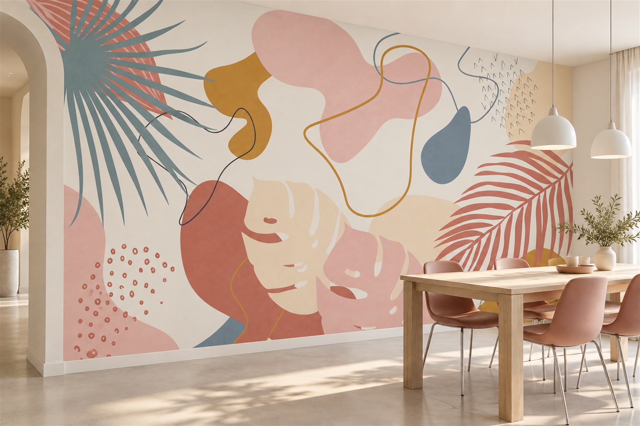 Pink Shaped Abstract Decorative Wallpaper Mural Dining-room-wallpaper-murals, Shown In A Dining Room, Peel-and-stick Finish