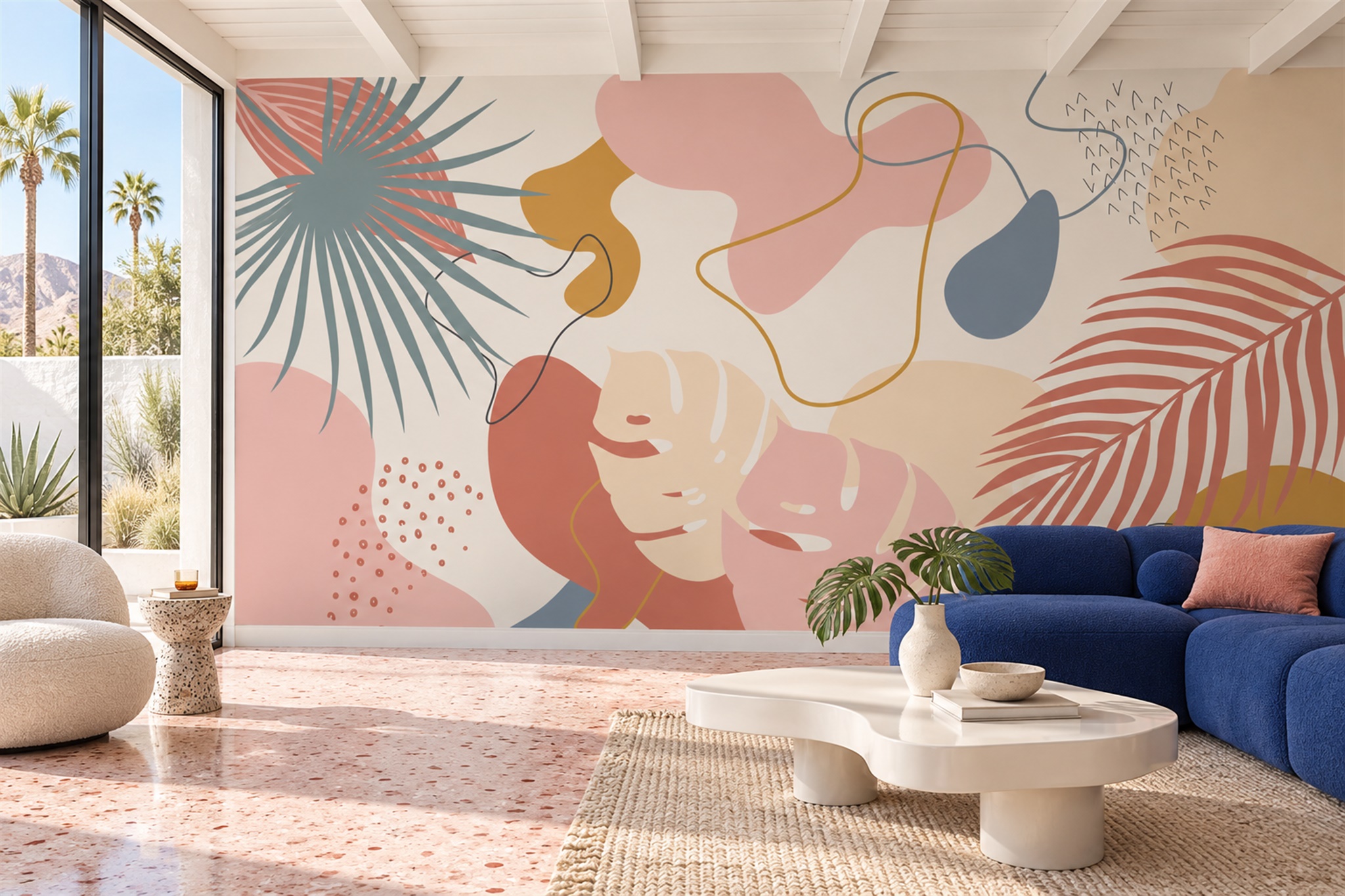 Pink Palm Leaves And Abstract Faces Wallpaper Mural — Wallpaper Mural Design, Peel-and-stick Finish