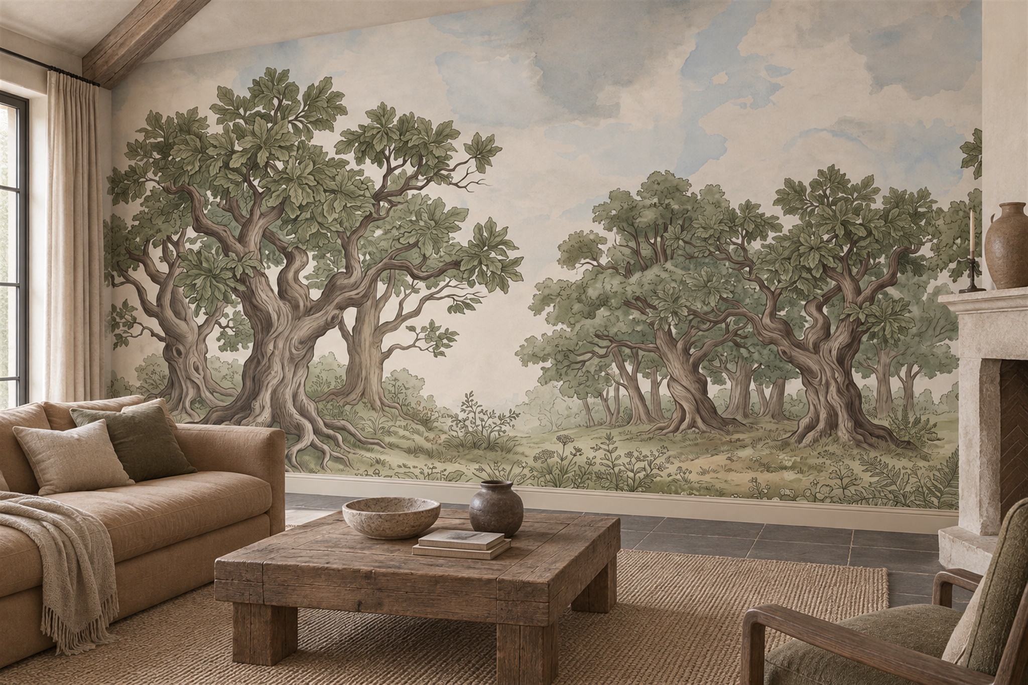 Olive Scenic Scenic Layered Wallpaper Mural Accent-wall-wallpaper-murals, Peel-and-stick Finish