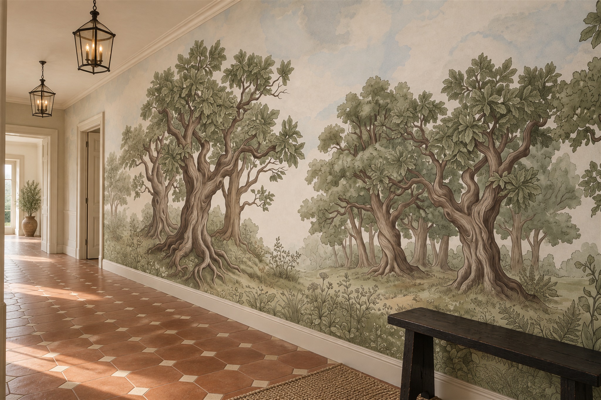Olive Scenic Scenic Layered Wallpaper Mural Accent-wall-wallpaper-murals, Peel-and-stick Finish