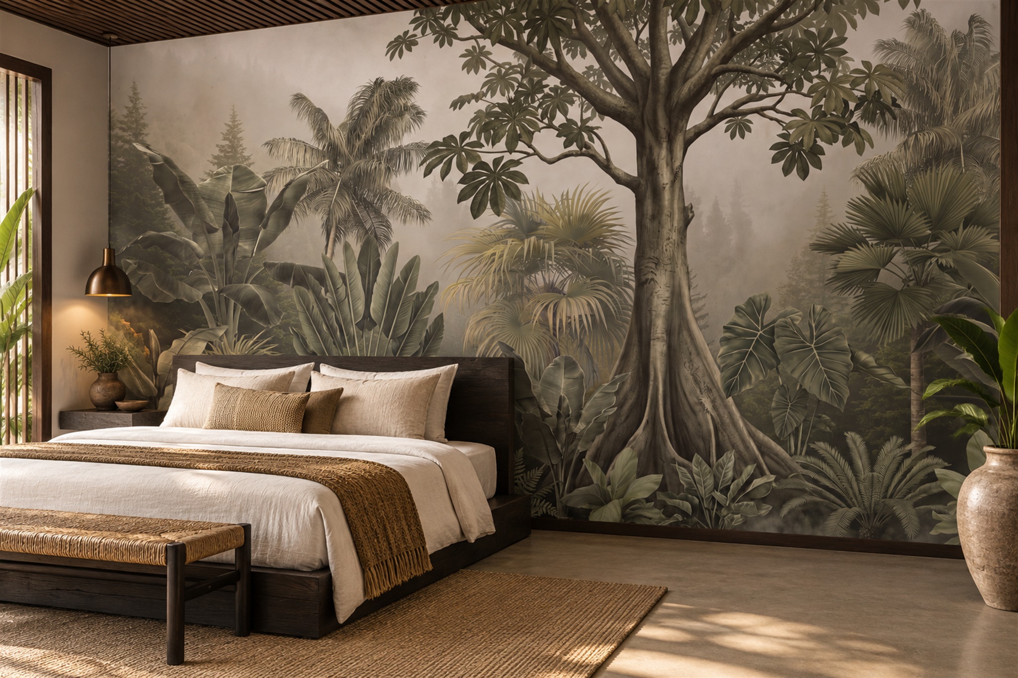 Taupe Tropical Palm Grove Landscape Wallpaper Mural — Installed Wallpaper Mural In A Bedroom, Peel-and-stick Finish