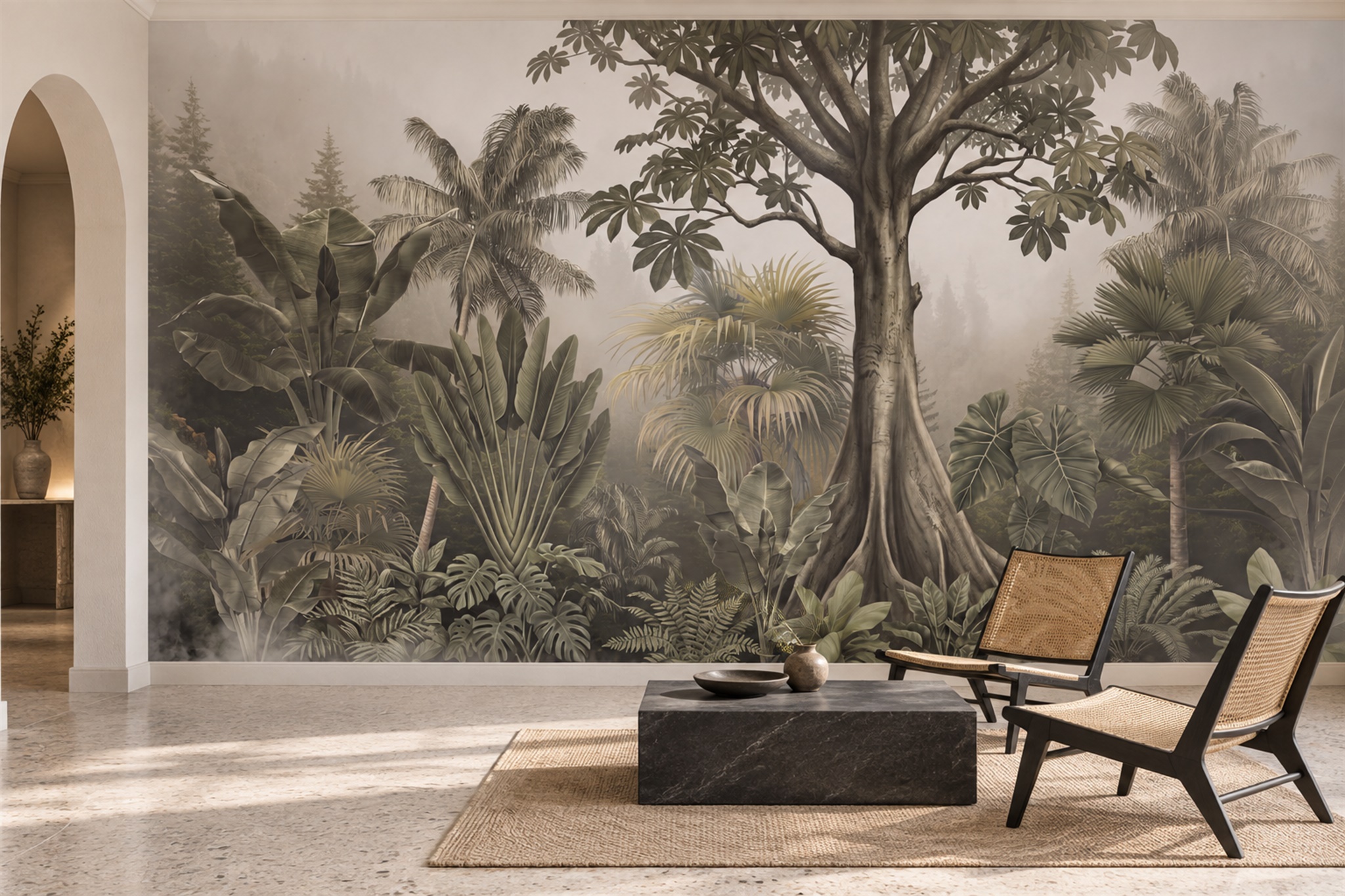 Taupe Jungle Scenic Decorative Wallpaper Mural Accent-wall-wallpaper-murals, Peel-and-stick Finish