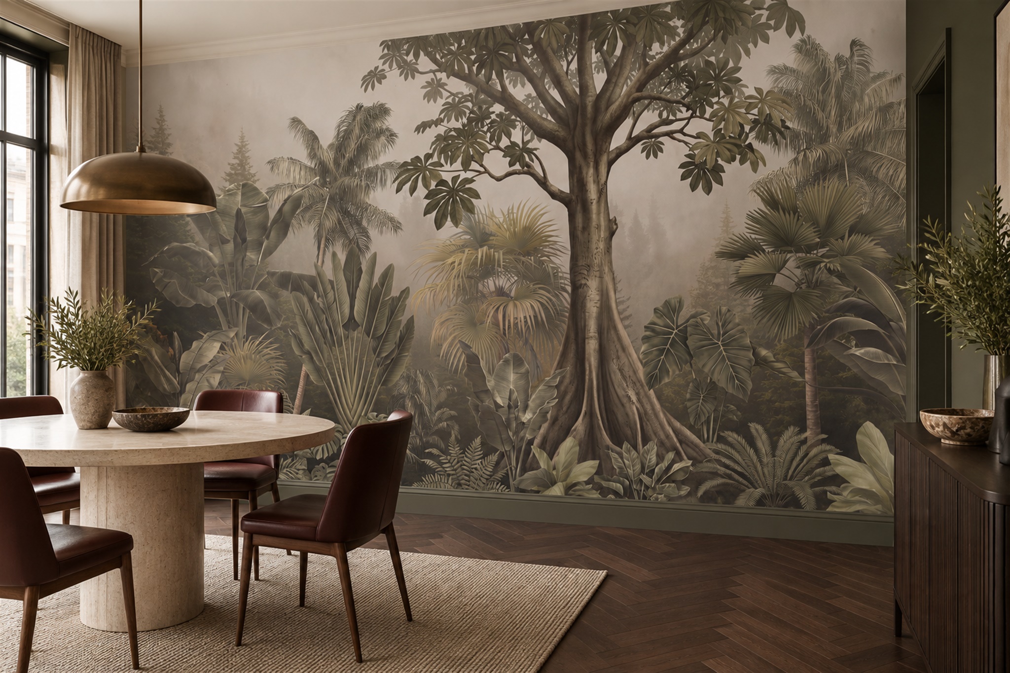Taupe Jungle Scenic Decorative Wallpaper Mural Dining-room-wallpaper-murals, Shown In A Dining Room, Peel-and-stick Finish