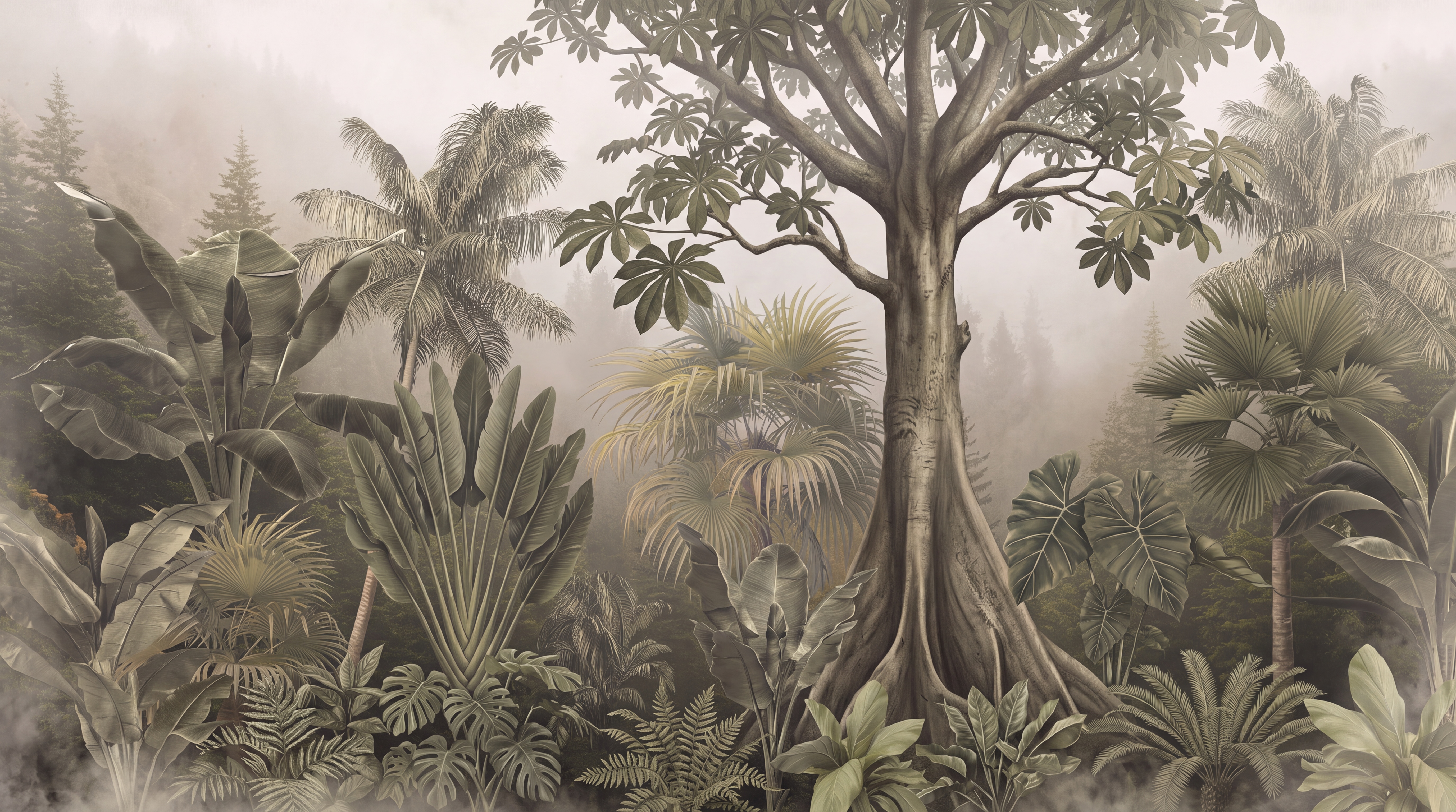 Taupe Jungle Scenic Decorative Wallpaper Mural, Peel-and-stick Finish