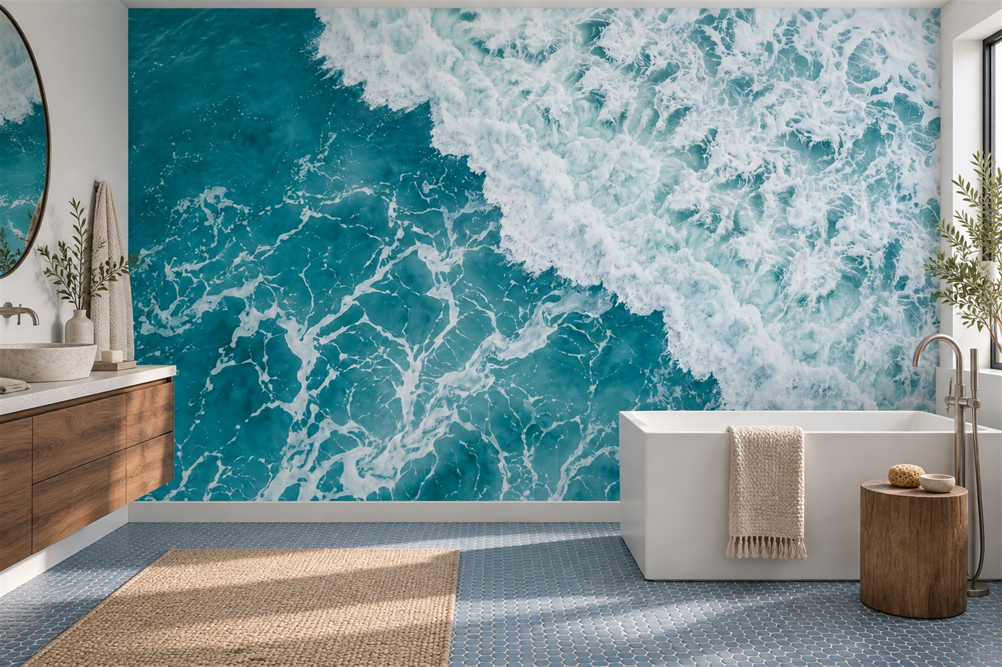 Aqua Ocean Scenic Painterly Wallpaper Mural Bathroom-wallpaper-murals, Peel-and-stick Finish