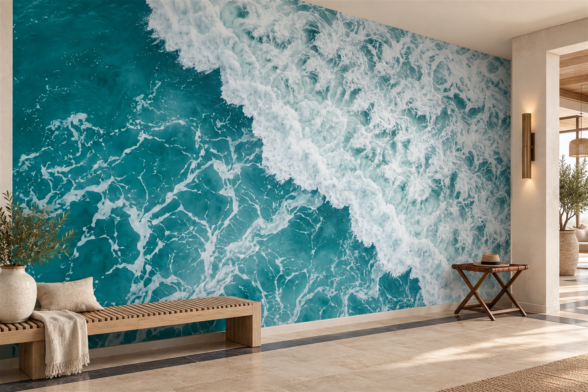 Aqua Ocean Scenic Painterly Wallpaper Mural Entryway-wallpaper-murals, Peel-and-stick Finish
