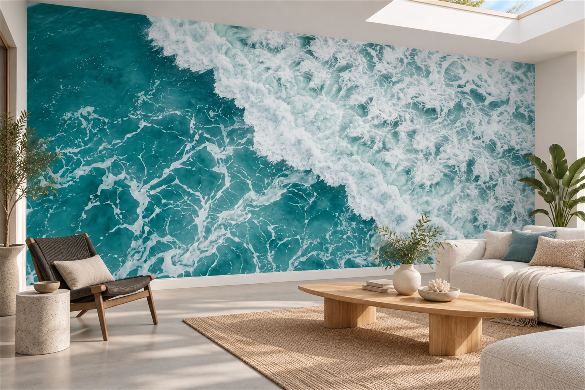 Aqua Ocean Scenic Painterly Wallpaper Mural Bathroom-wallpaper-murals, Peel-and-stick Finish