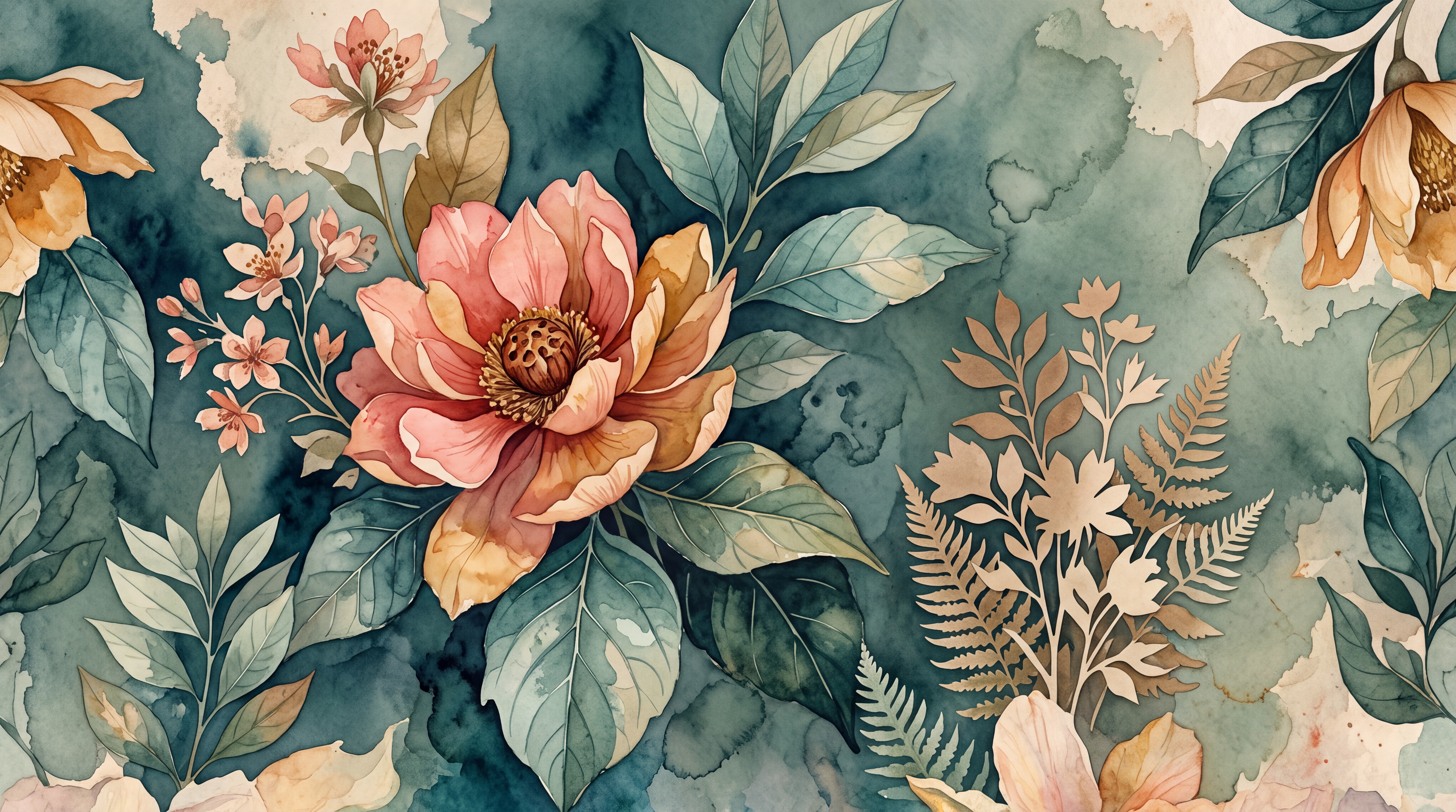 Teal Vintage Artful Floral Wallpaper Mural, Peel-and-stick Finish