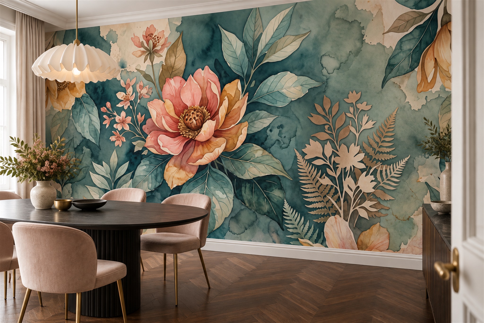 Teal Vintage Artful Floral Wallpaper Mural Dining-room-wallpaper-murals, Shown In A Dining Room, Peel-and-stick Finish