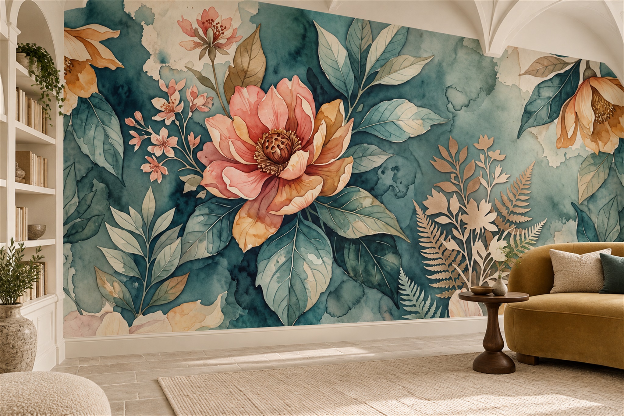 Teal Ground Pink Peony Botanical Wallpaper Mural — Wallpaper Mural Design, Peel-and-stick Finish