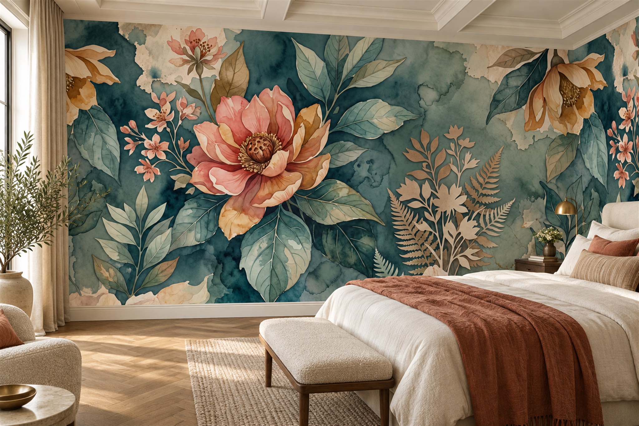 Teal Vintage Artful Floral Wallpaper Mural Home-office-wallpaper-murals, Peel-and-stick Finish