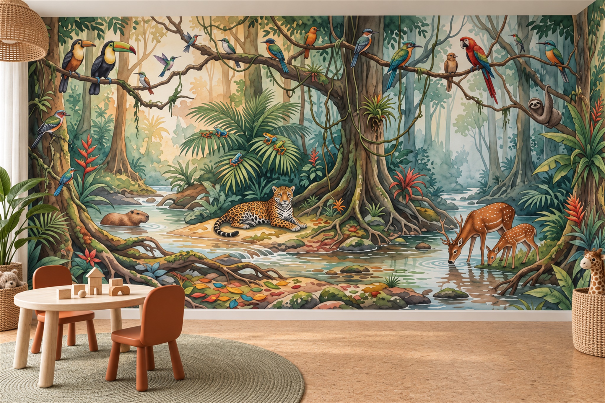 Jungle River Animals And Waterfall Wallpaper Mural — Wallpaper Mural Design, Peel-and-stick Finish