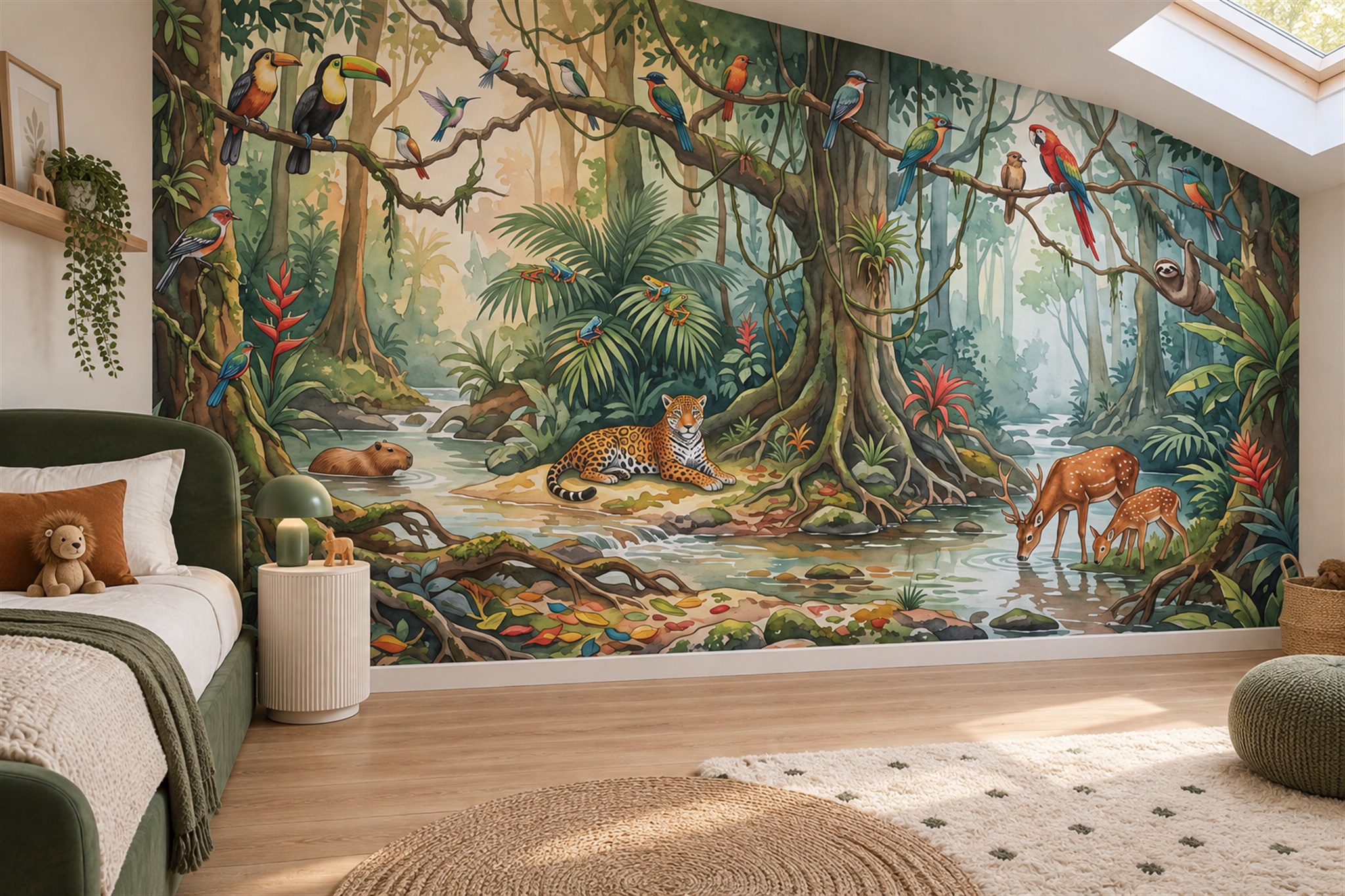 Green Jungle Scenic Painterly Wallpaper Mural Accent-wall-wallpaper-murals, Peel-and-stick Finish