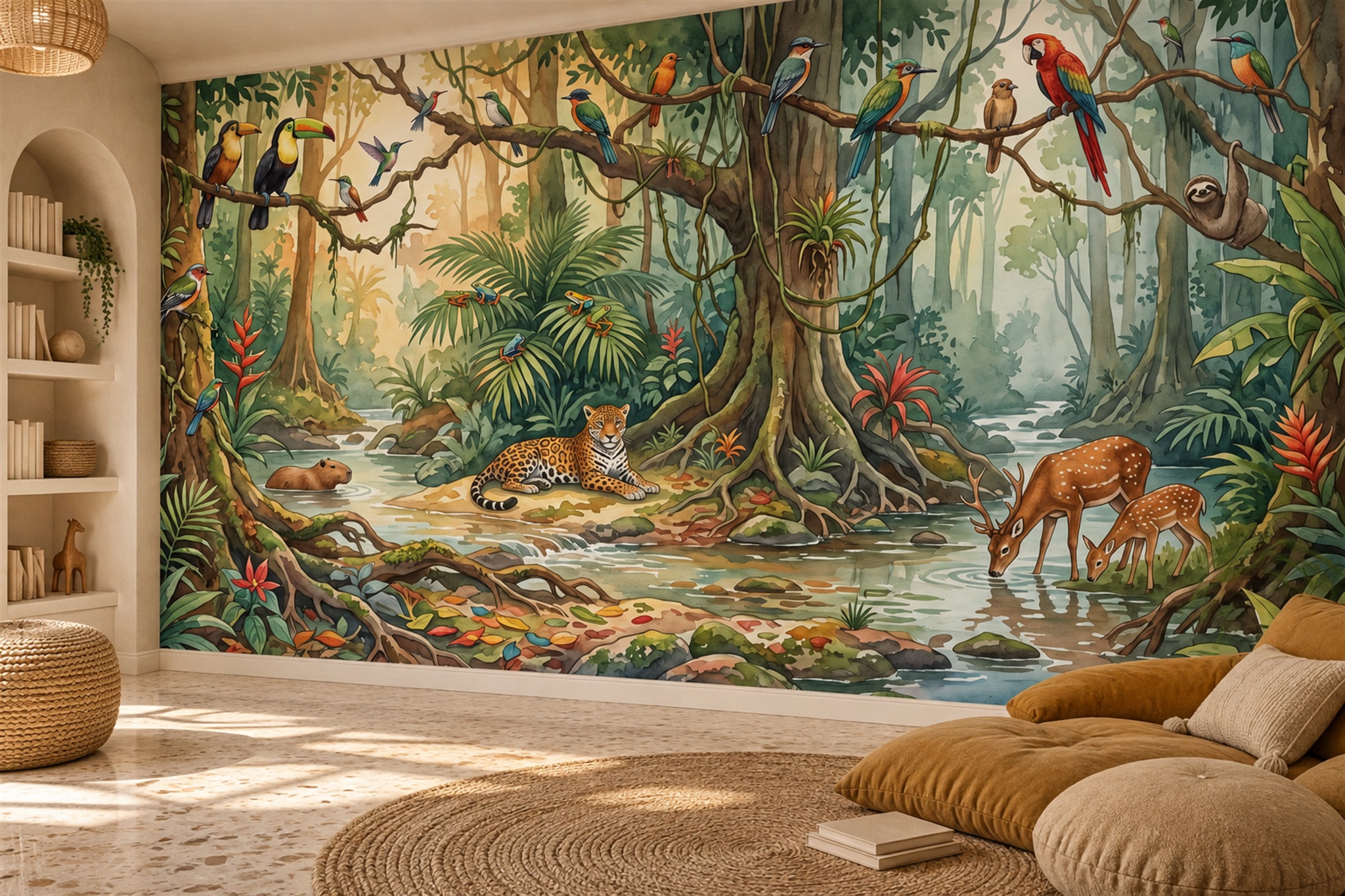 Green Jungle Scenic Painterly Wallpaper Mural Playroom-wallpaper-murals, Peel-and-stick Finish