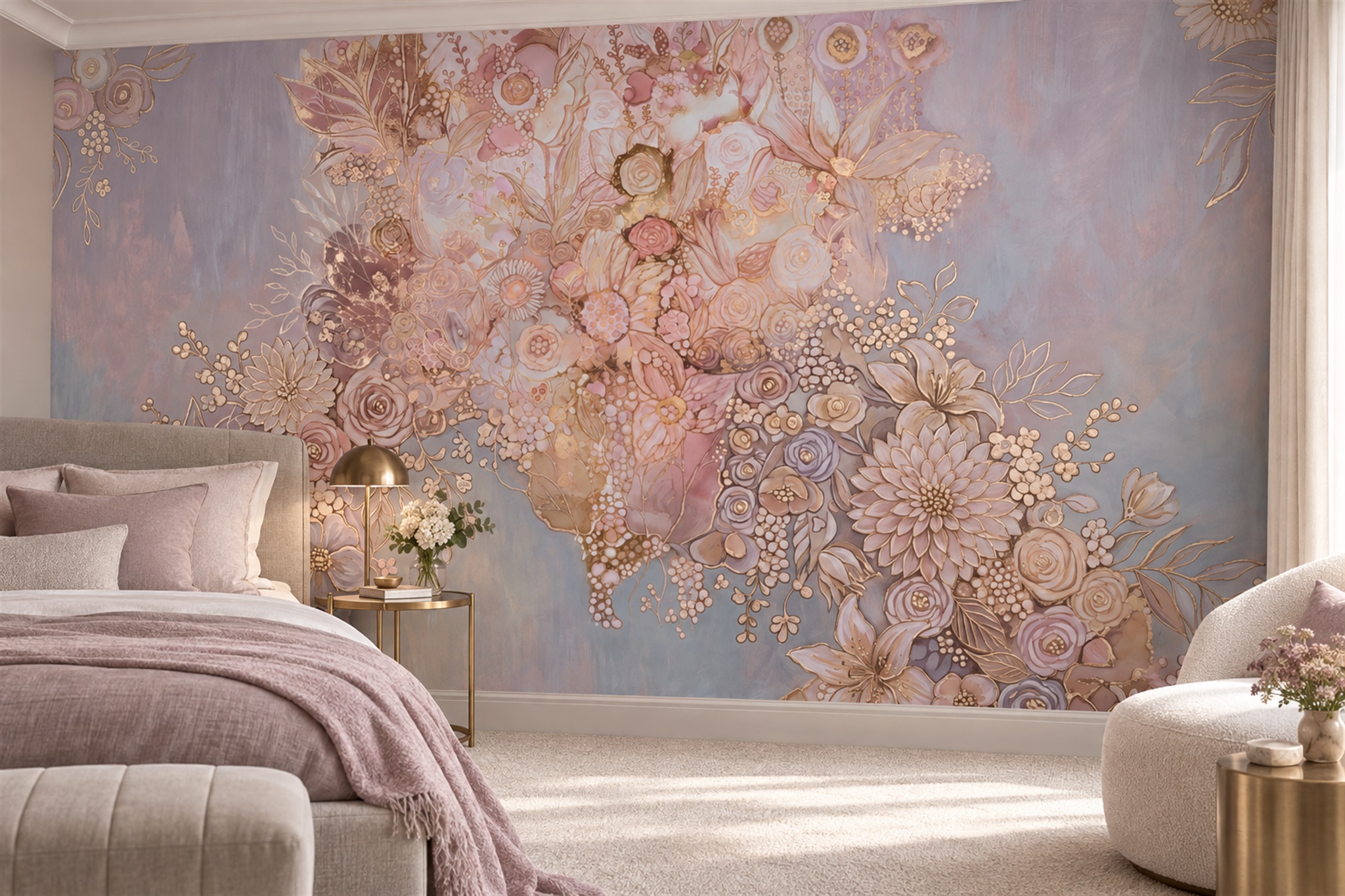 Mauve And Blush Floral Tapestry With Gold Details Wallpaper Mural — Close-up Wallpaper Surface Detail In A Bedroom, Peel-and-stick Finish