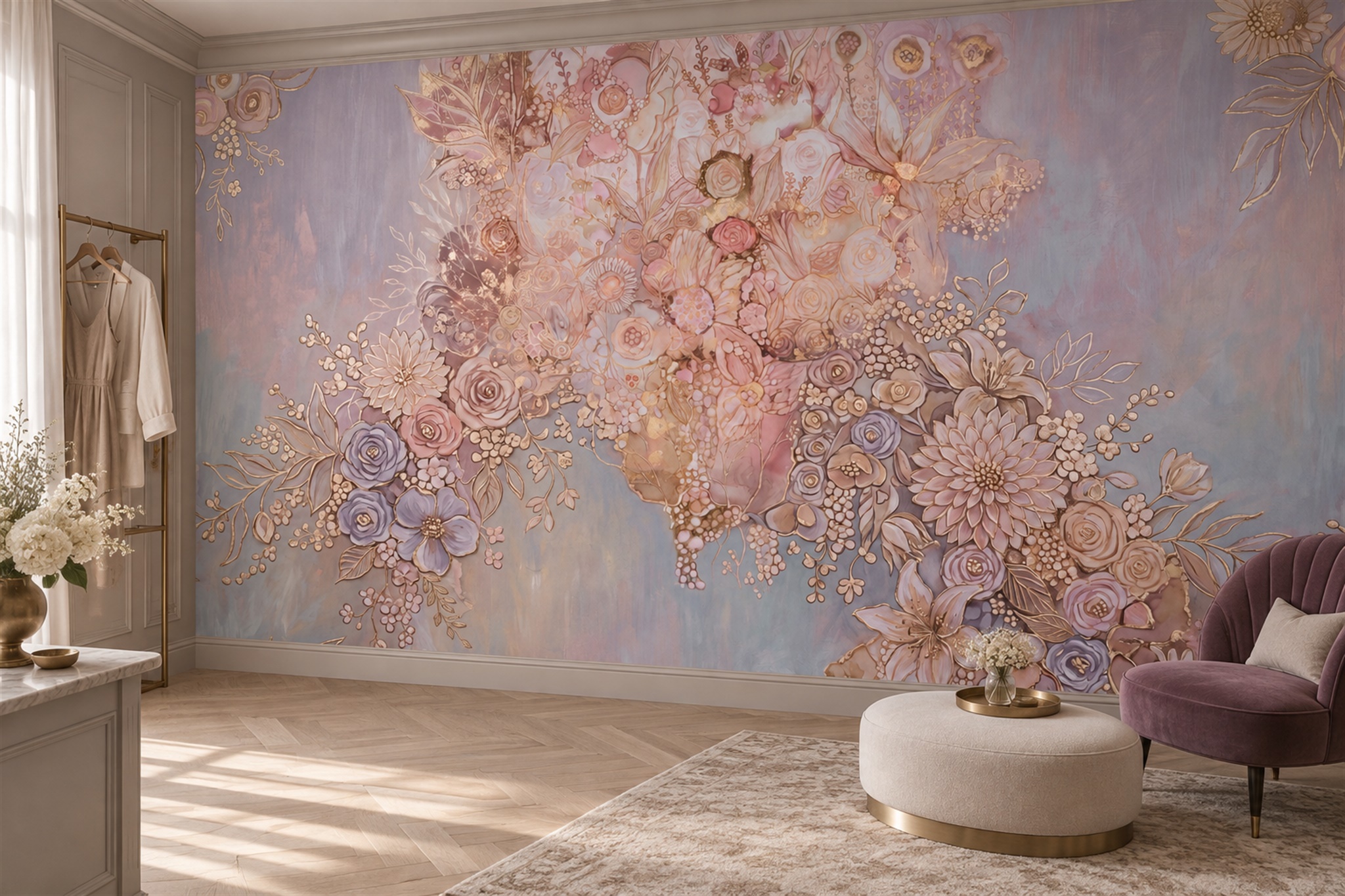 Lilac Vintage Artful Abstract Wallpaper Mural Feature-wall-wallpaper-murals, Peel-and-stick Finish