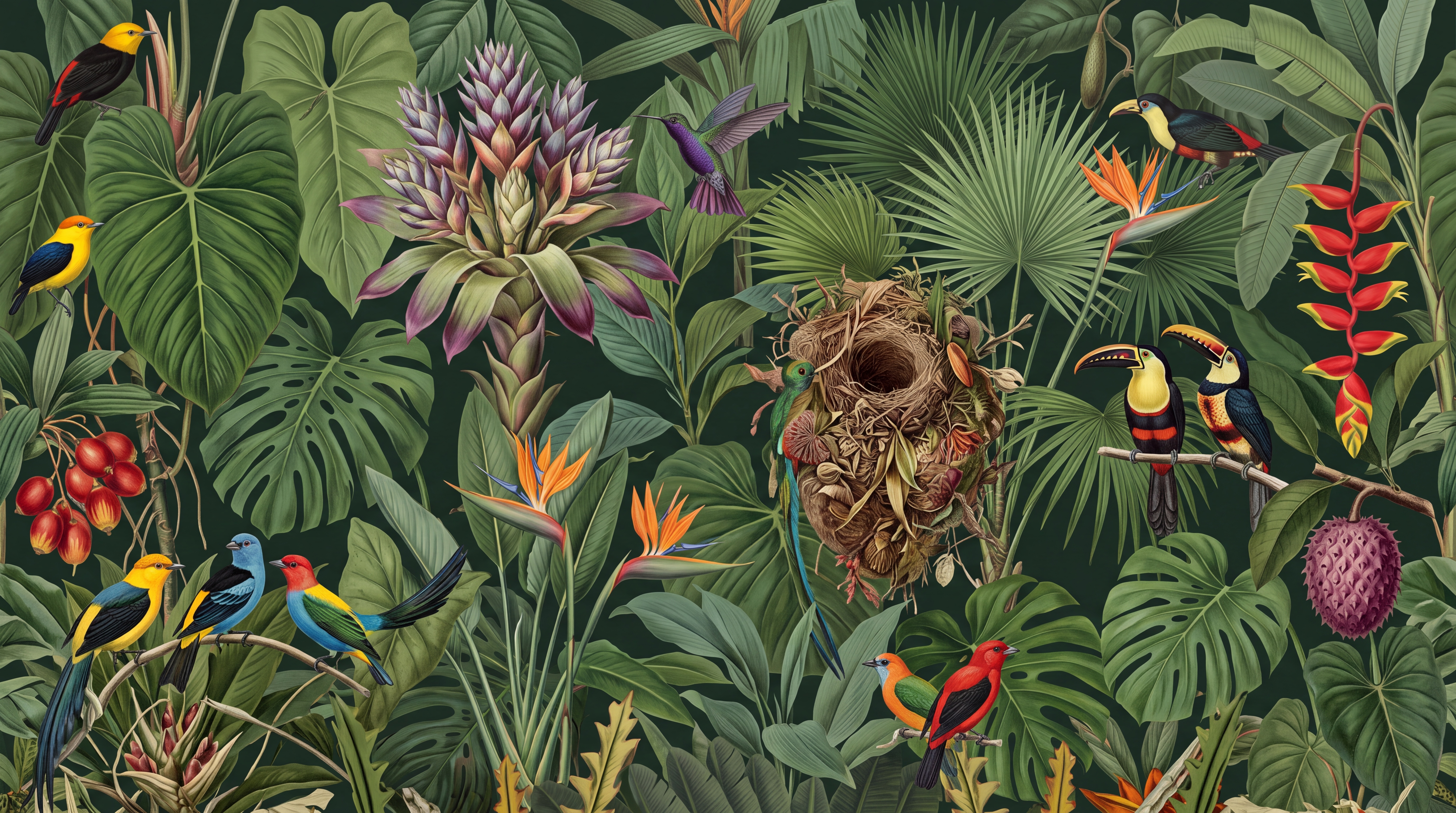 Green Parrot Illustrated Painterly Wallpaper Mural, Peel-and-stick Finish