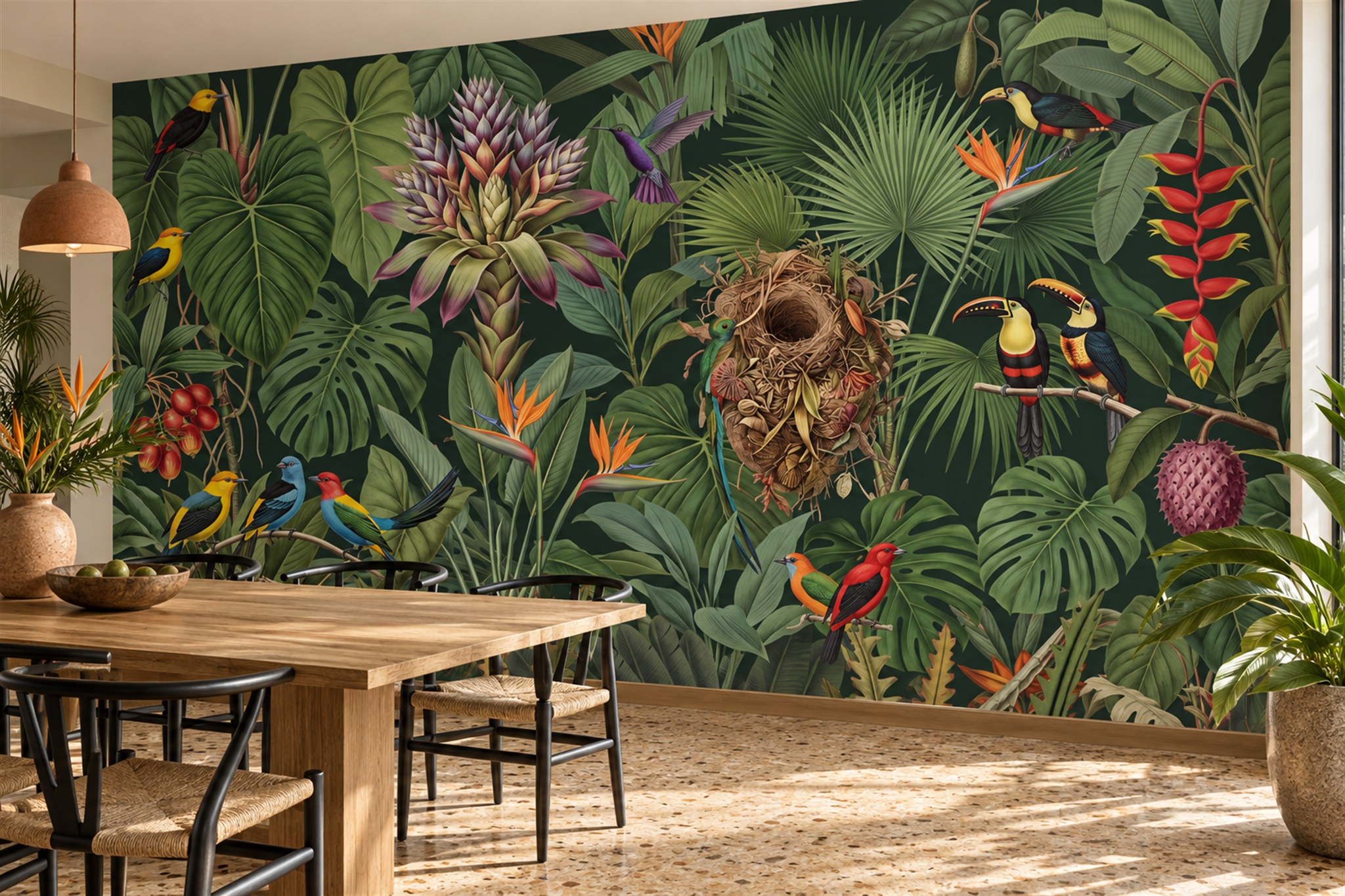 Toucans And Tropical Birds In A Lush Jungle Wallpaper Mural — Wallpaper Mural Design, Peel-and-stick Finish