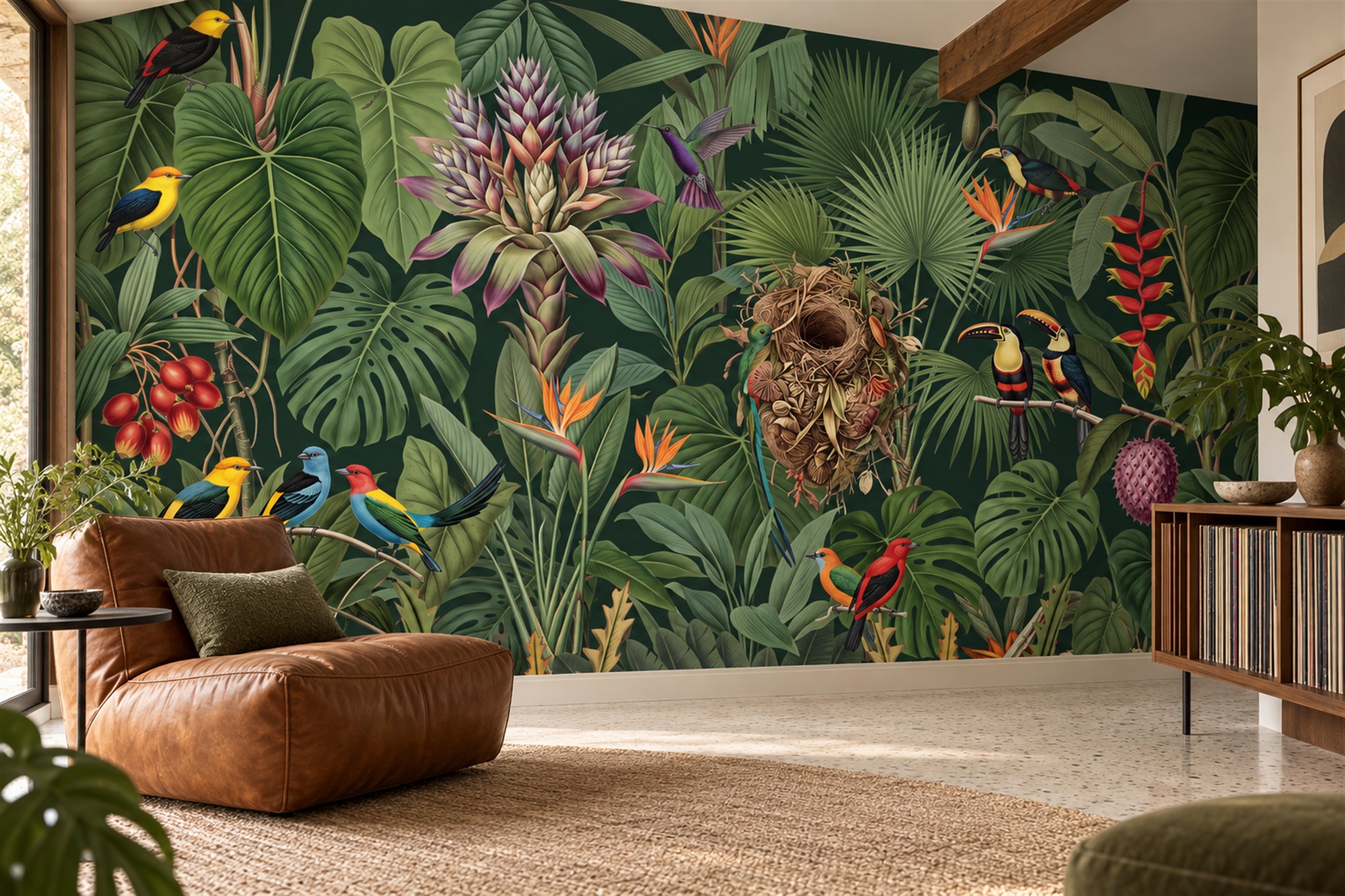 Green Parrot Illustrated Painterly Wallpaper Mural Accent-wall-wallpaper-murals, Peel-and-stick Finish