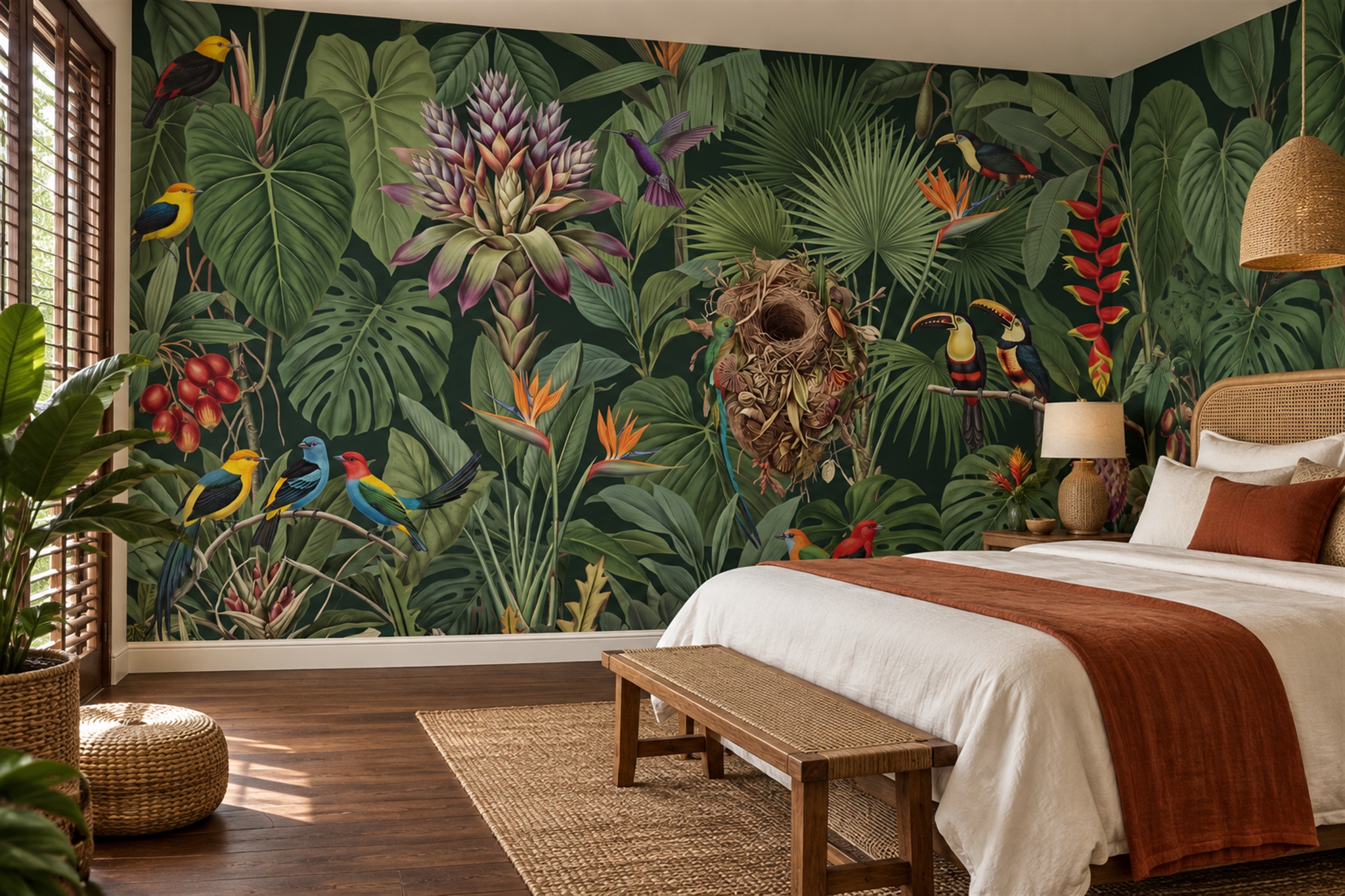 Green Parrot Illustrated Painterly Wallpaper Mural Bedroom-wallpaper-murals, Peel-and-stick Finish