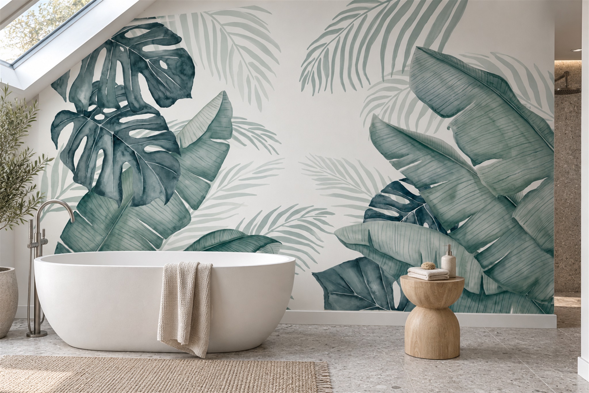 Sage Leaf Botanical Organic Wallpaper Mural Bathroom-wallpaper-murals, Peel-and-stick Finish