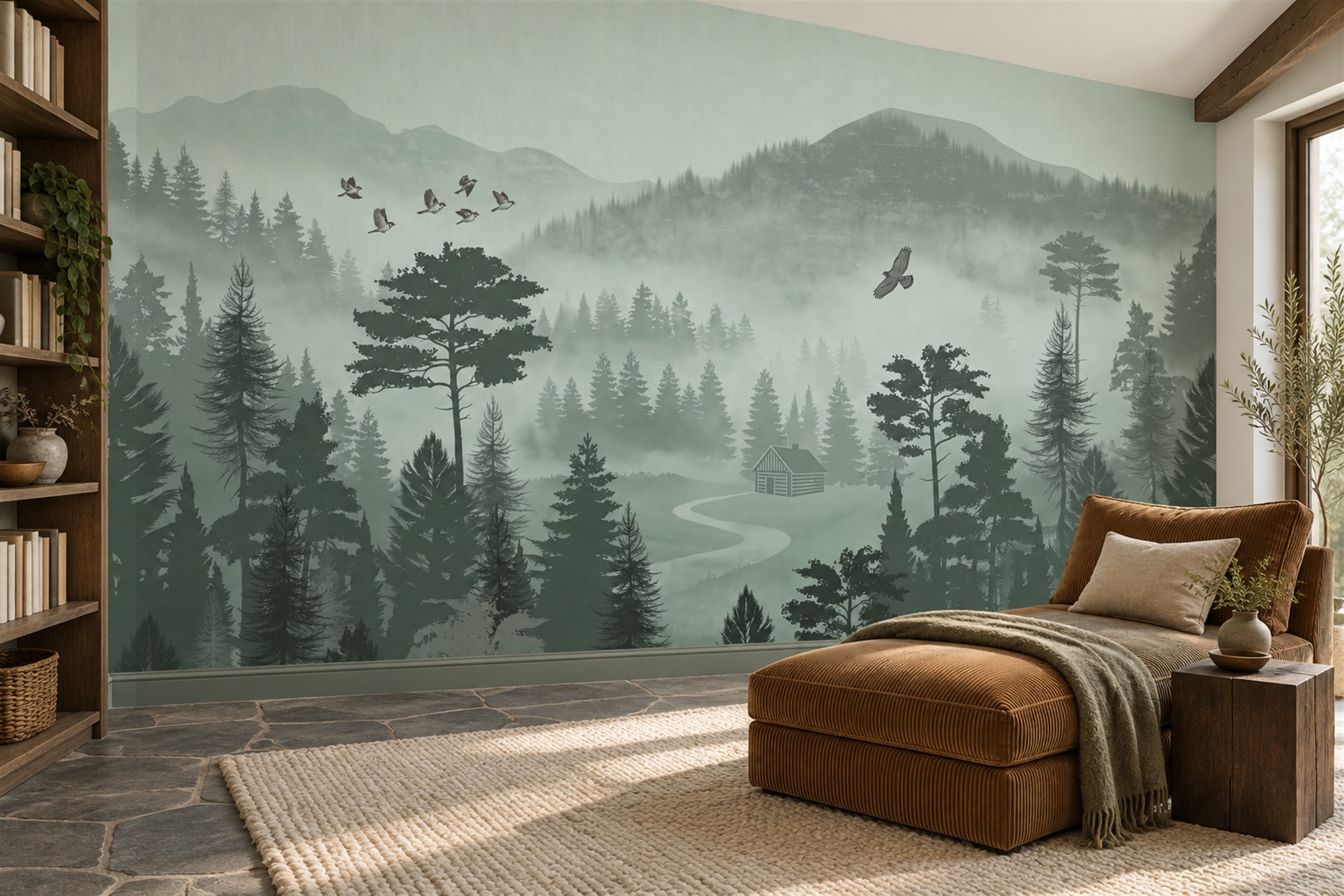Sage Mist River And Pine Forest Landscape Wallpaper Mural — Wallpaper Mural Design, Peel-and-stick Finish