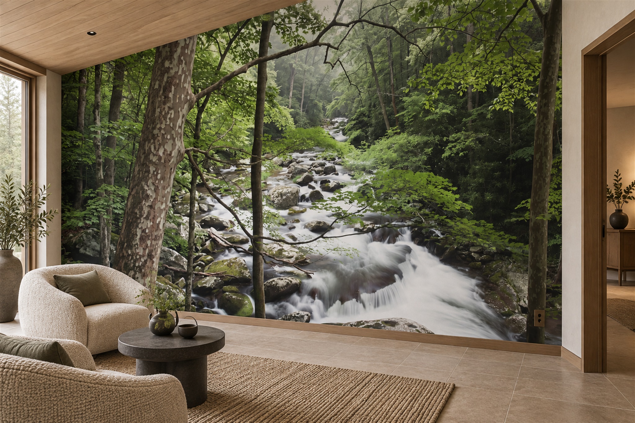 Rushing Forest River And Green Woodland Wallpaper Mural — Wallpaper Mural Design, Peel-and-stick Finish
