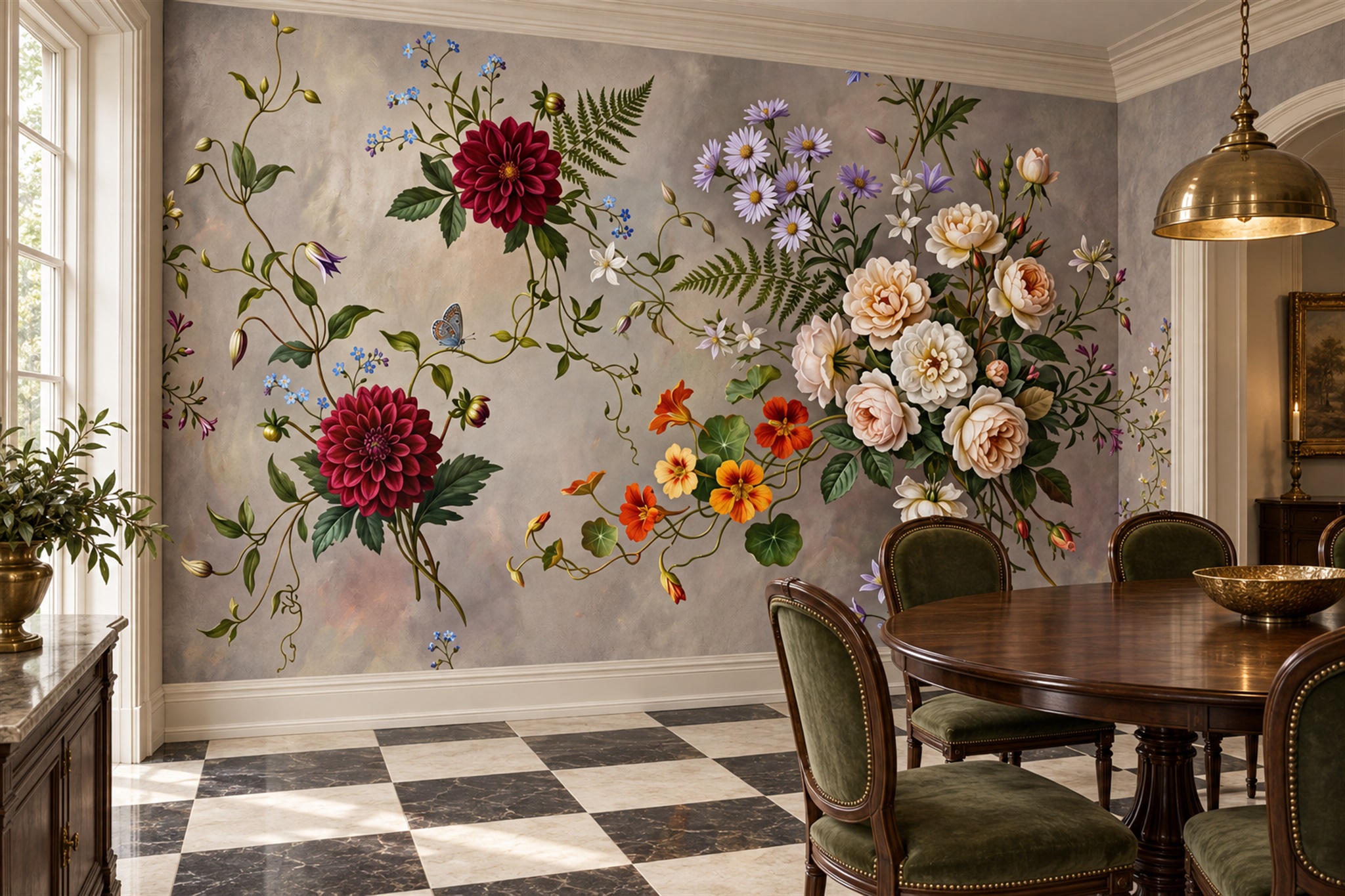 Dahlias, Roses And Wildflower Bouquet Wallpaper Mural — Wallpaper Mural Design, Peel-and-stick Finish
