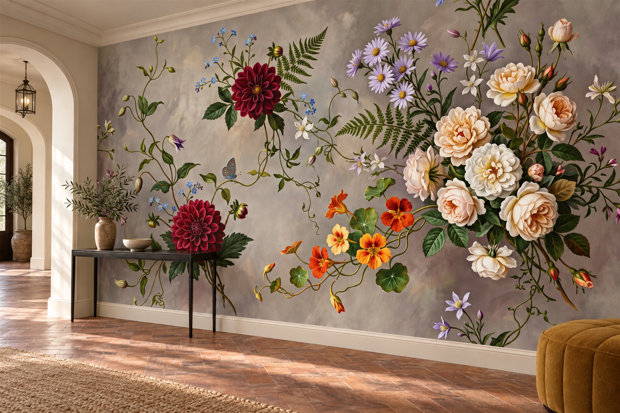 Taupe Bouquet Botanical Wallpaper Mural Entryway-wallpaper-murals, Peel-and-stick Finish