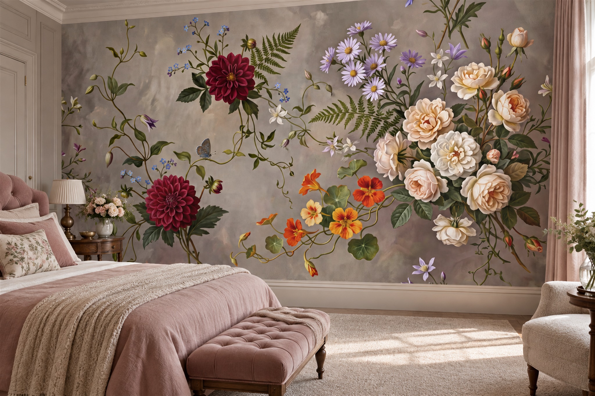 Taupe Bouquet Botanical Wallpaper Mural Bedroom-wallpaper-murals, Peel-and-stick Finish