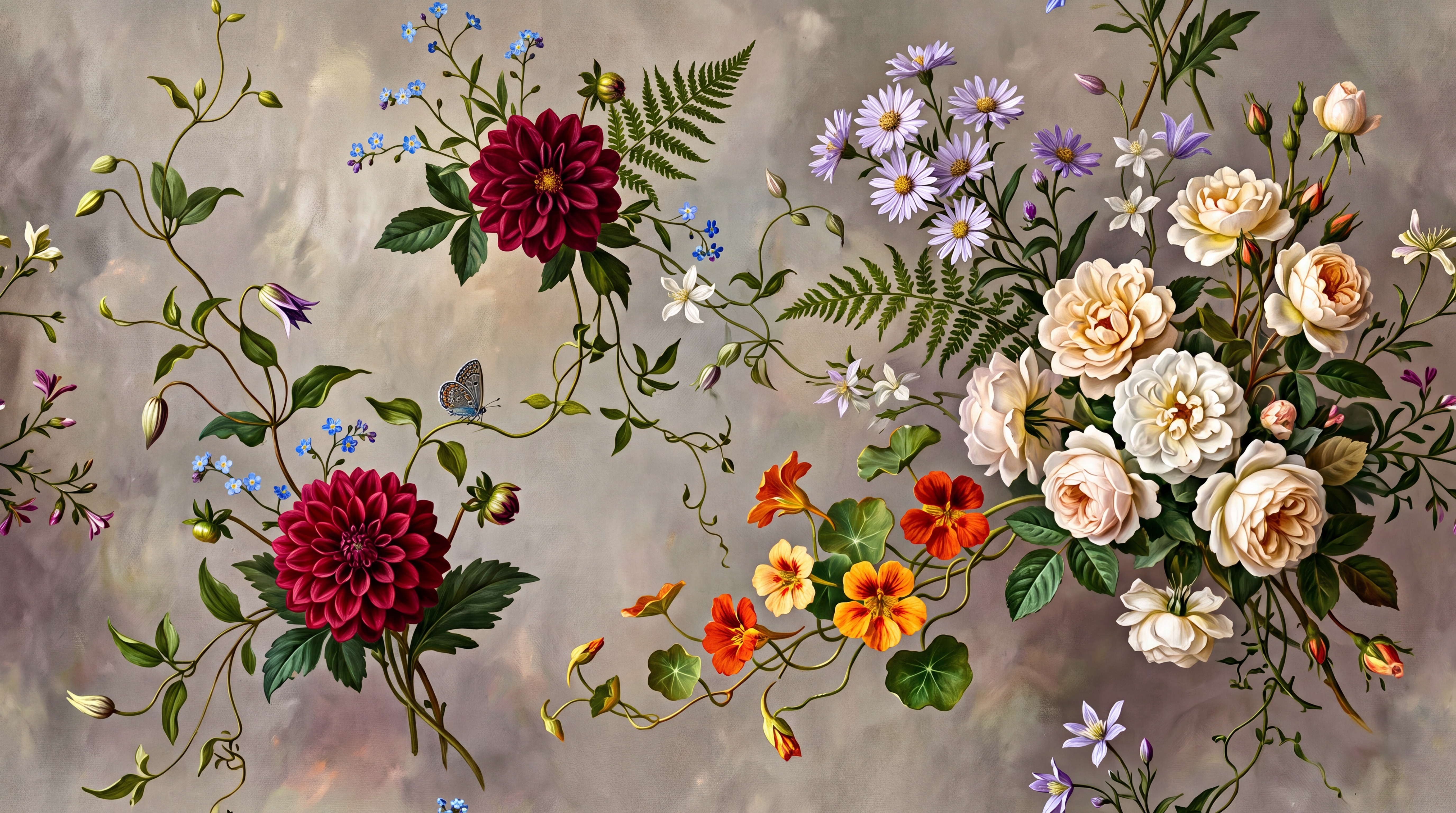 Taupe Bouquet Botanical Wallpaper Mural Dining-room-wallpaper-murals, Peel-and-stick Finish