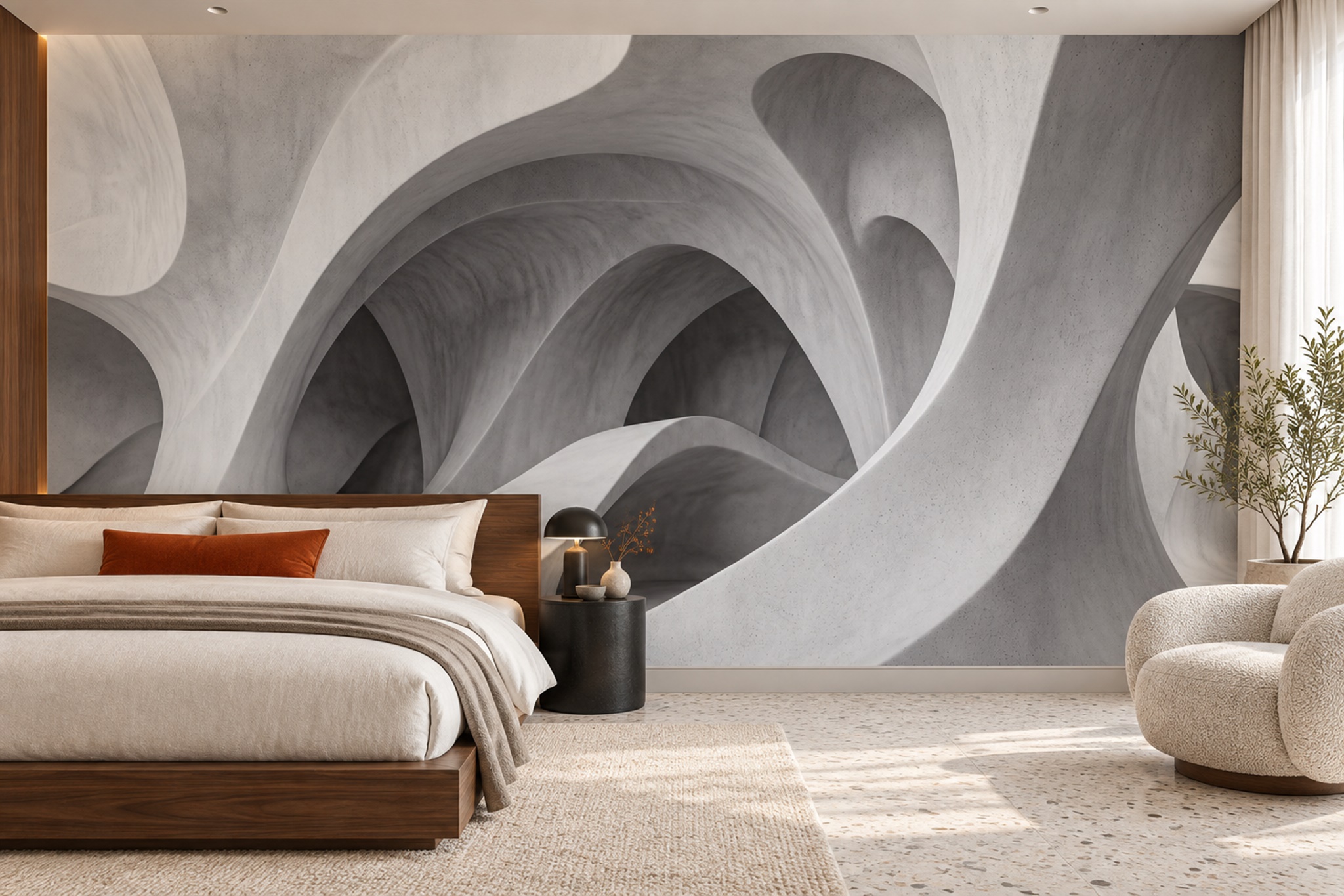 Sculptural Grey Abstract Arches Wallpaper Mural — Installed Wallpaper Mural In A Bedroom, Peel-and-stick Finish