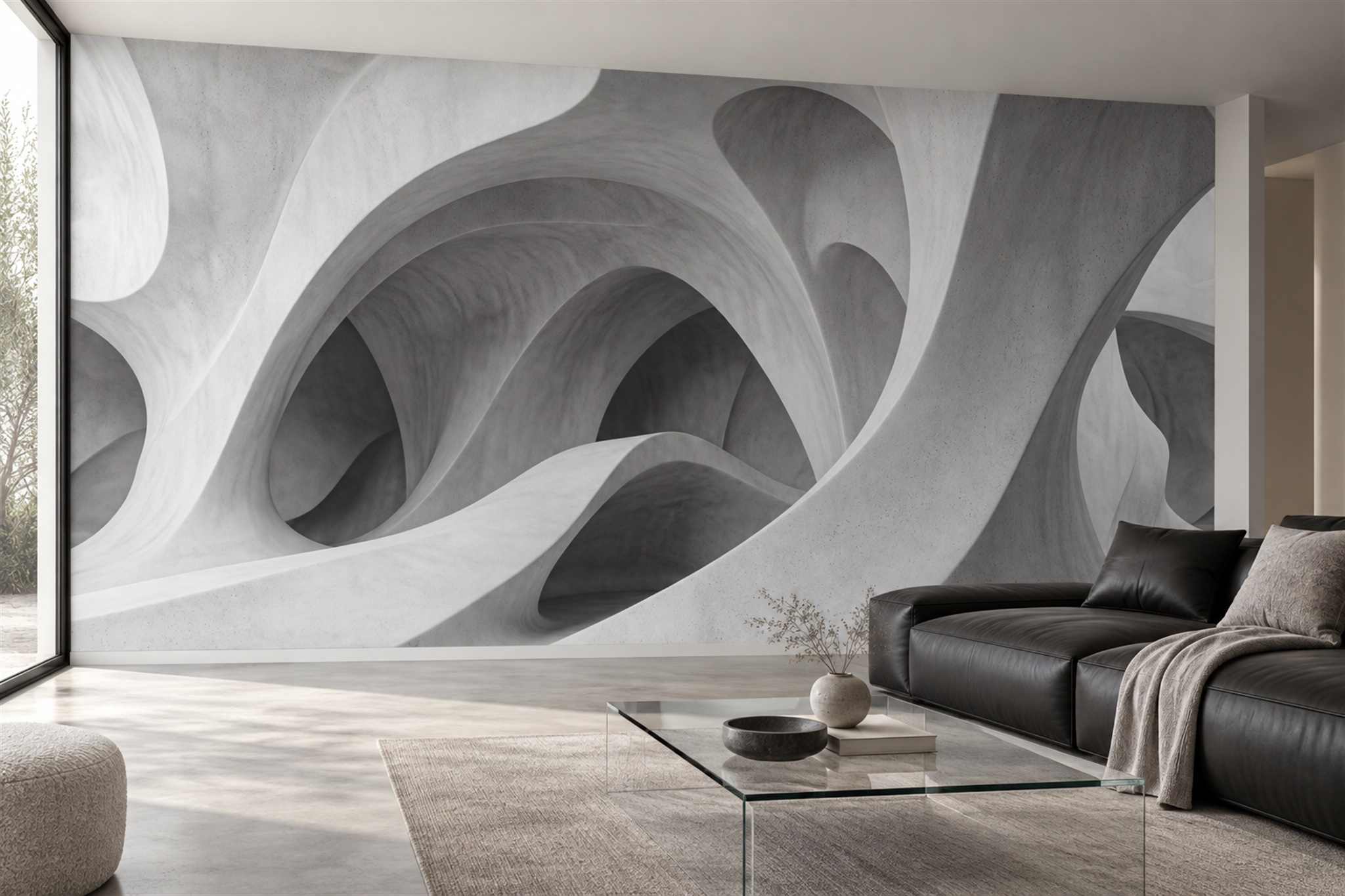 Grey Arched Abstract Wallpaper Mural Living-room-wallpaper-murals, Shown In A Living Room, Peel-and-stick Finish