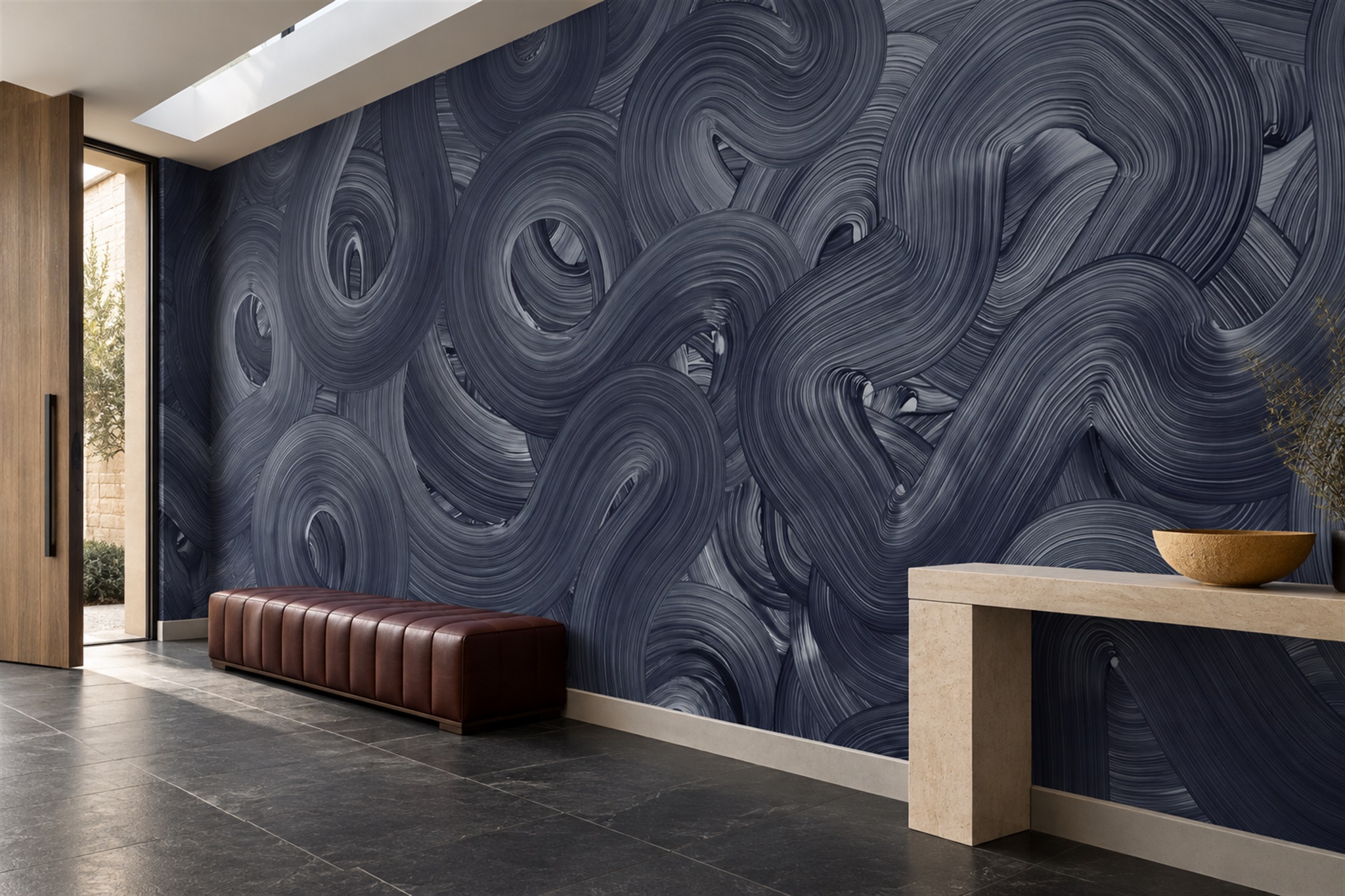Navy Swirl Artful Wallpaper Mural Entryway-wallpaper-murals, Peel-and-stick Finish