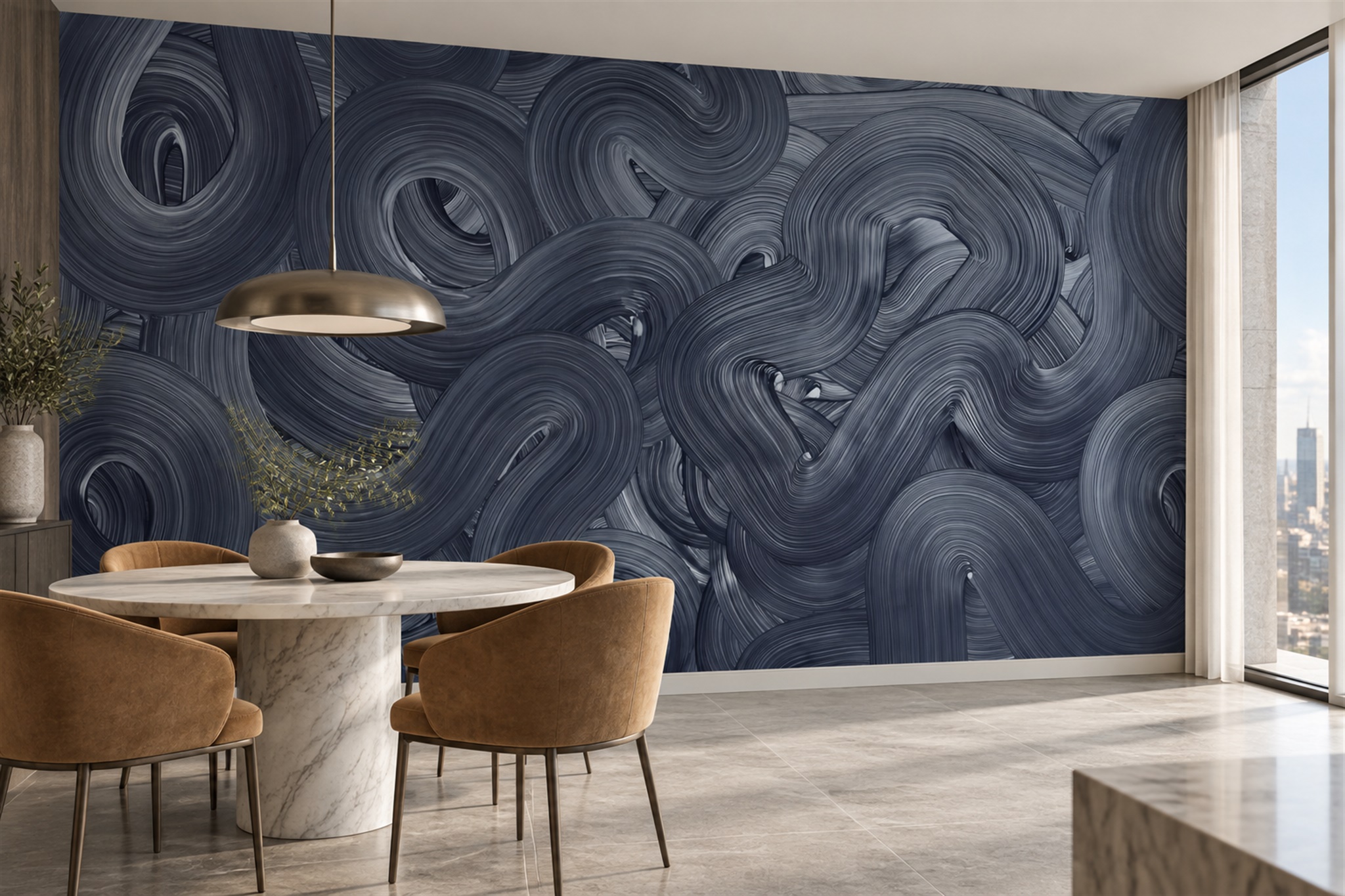 Navy Swirl Artful Wallpaper Mural Dining-room-wallpaper-murals, Shown In A Dining Room, Peel-and-stick Finish