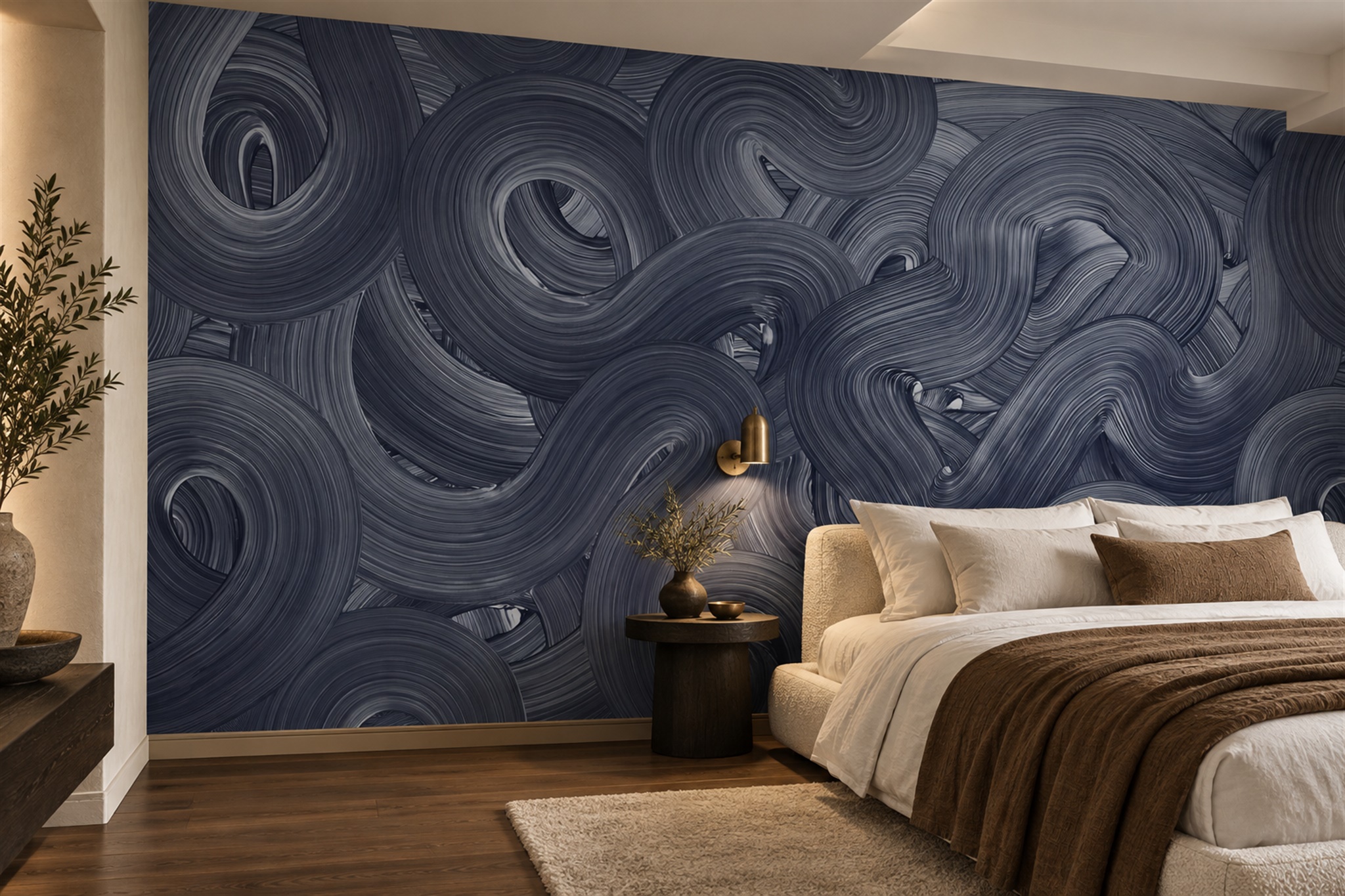 Navy Swirling Brushstroke Texture Abstract Wallpaper Mural — Installed Wallpaper Mural In A Bedroom, Peel-and-stick Finish
