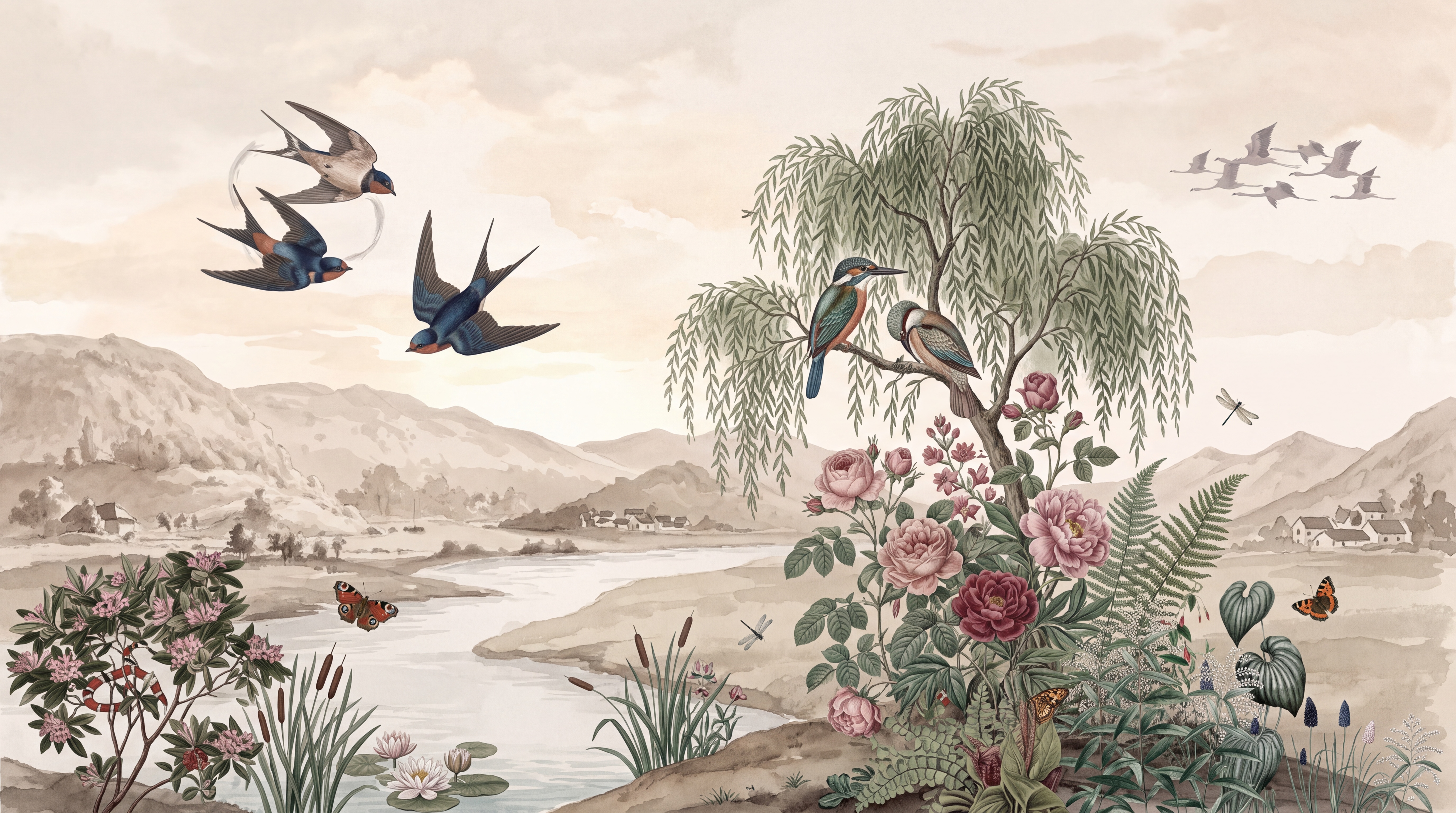 Pink Botanical Botanical Decorative Wallpaper Mural, Peel-and-stick Finish