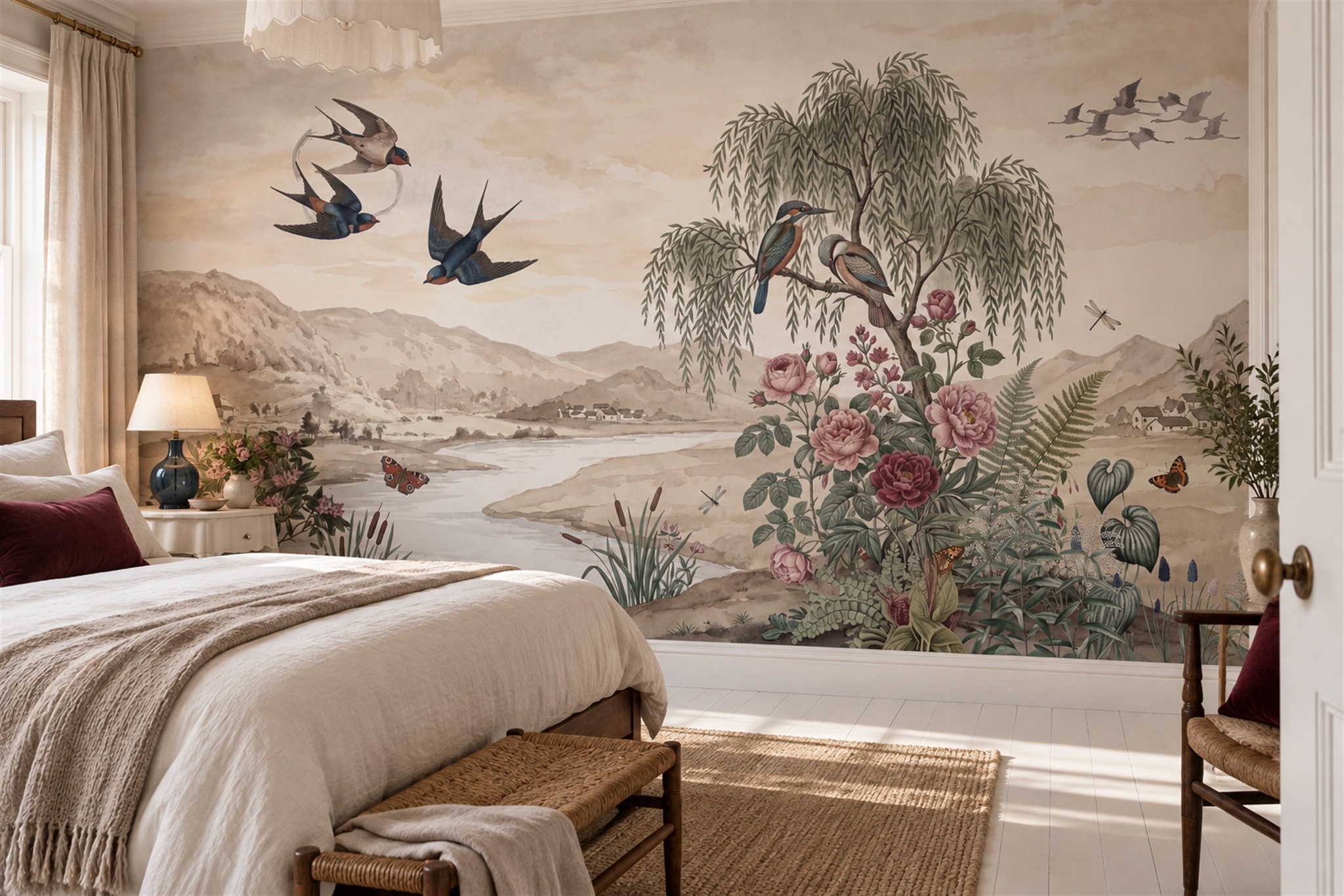 Pink Botanical Botanical Decorative Wallpaper Mural Bedroom-wallpaper-murals, Peel-and-stick Finish